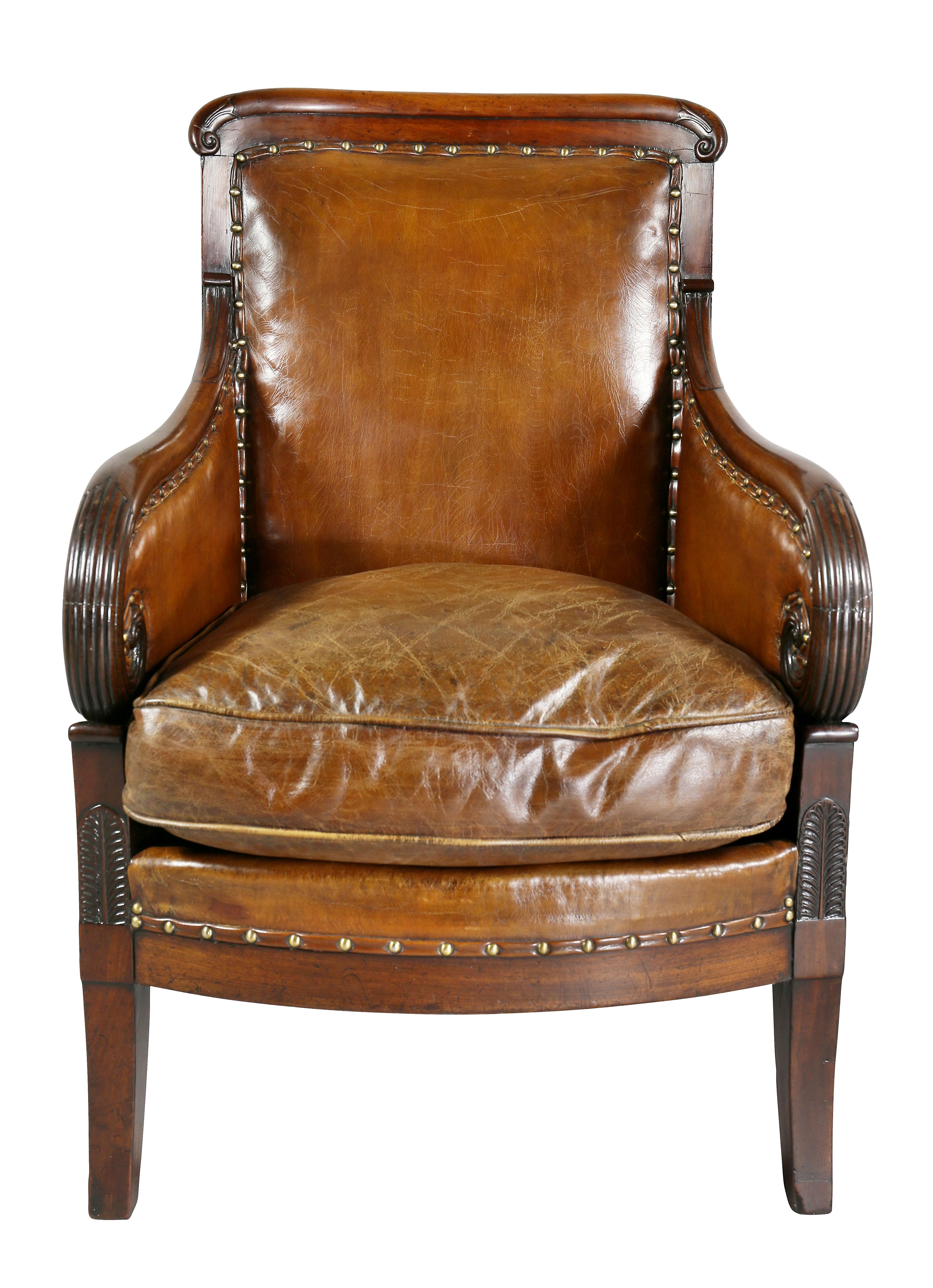 Regency Mahogany and Leather Upholstered Bergere In Good Condition In Essex, MA