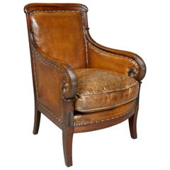 Bergere imbottito in mogano e pelle Regency