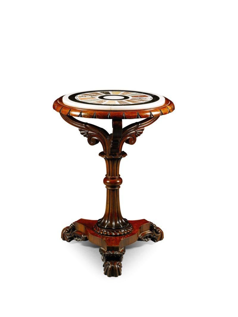 A Regency mahogany and rosewood occasional table with an inset specimen marble top.
the marble top with 16 labelled specimens of different marbles including: four types of Broccatello, two types of Devonshire, Malplaquet, two types of yellow