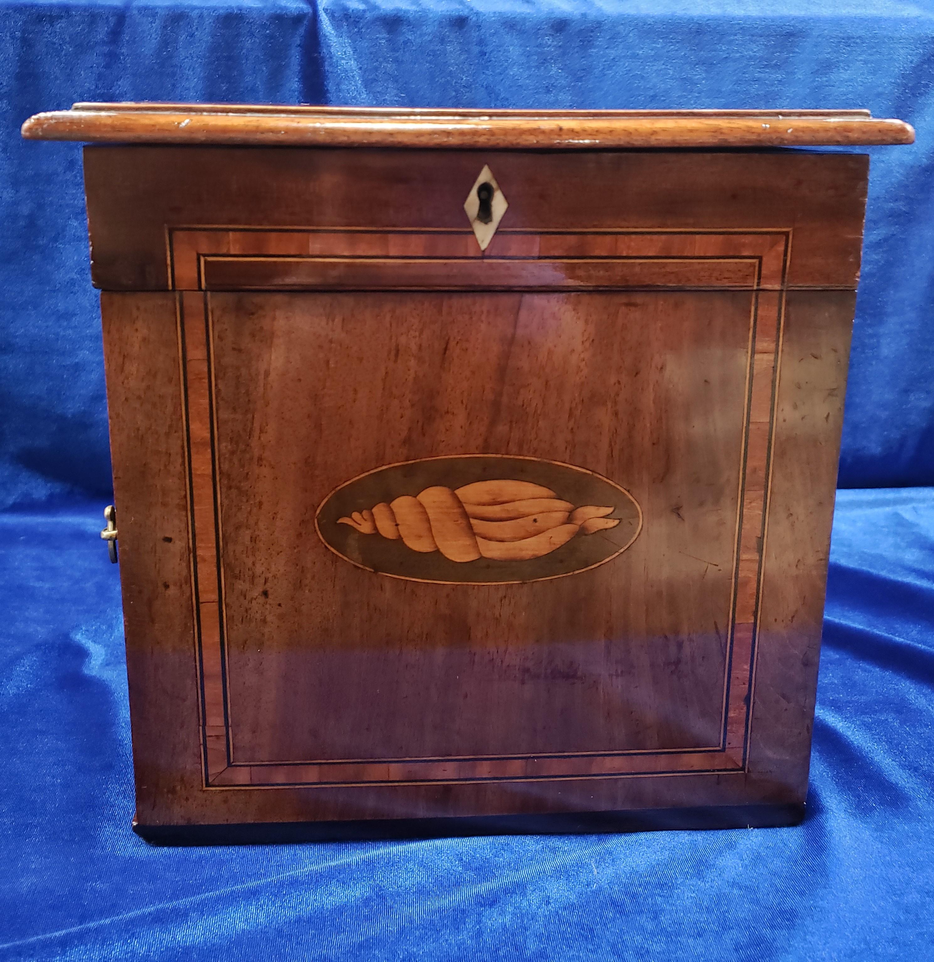 Regency mahogany apothecary cabinet with satin wood shell inlay and crossbanding. The front opens to reveal 3 cubby holes and 4 drawers. The back opens to show 5 small cubby holes and 3 larger cubbies. The top reveals 4 deep slots for bottles and