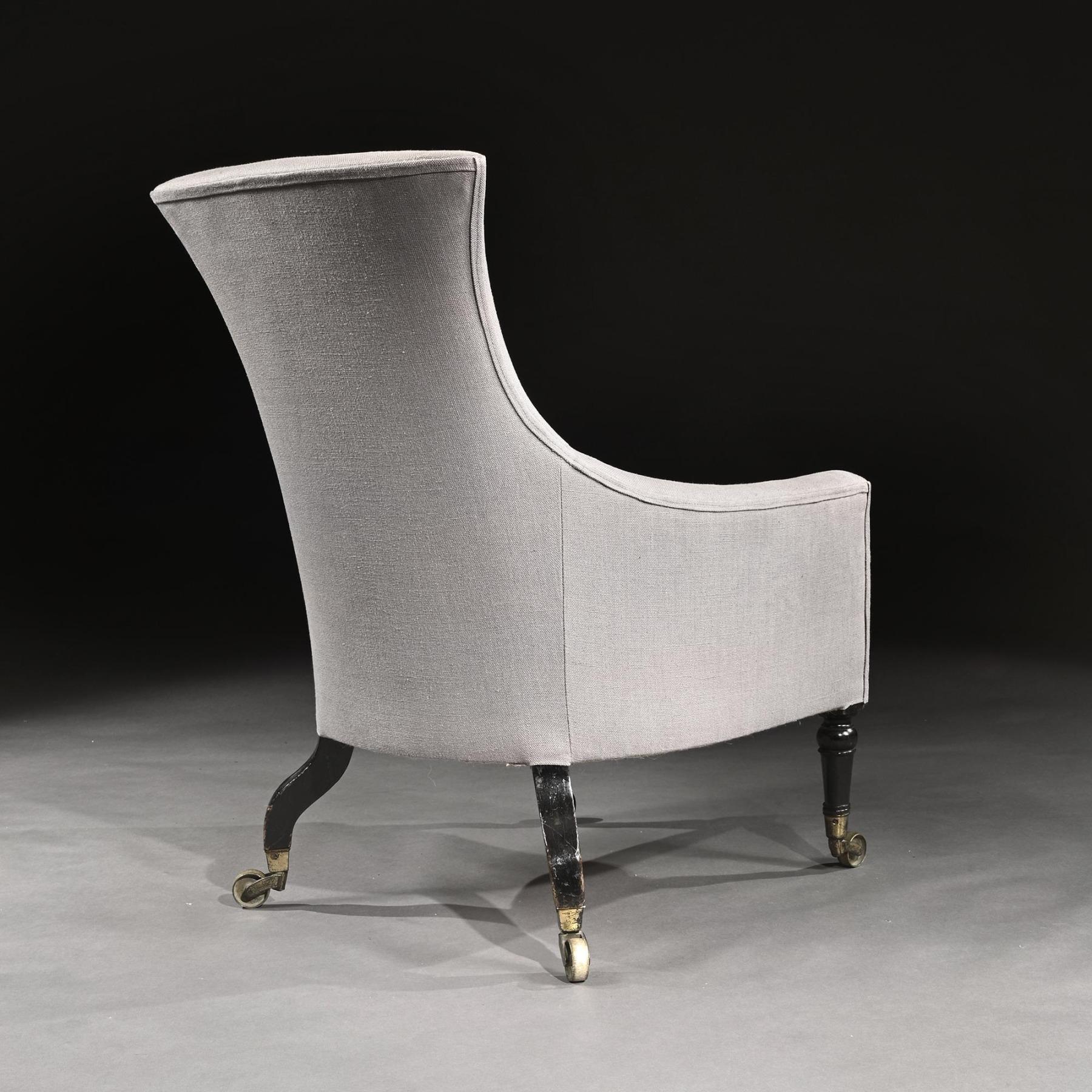 Linen Regency Mahogany Armchair of Curvaceous Form