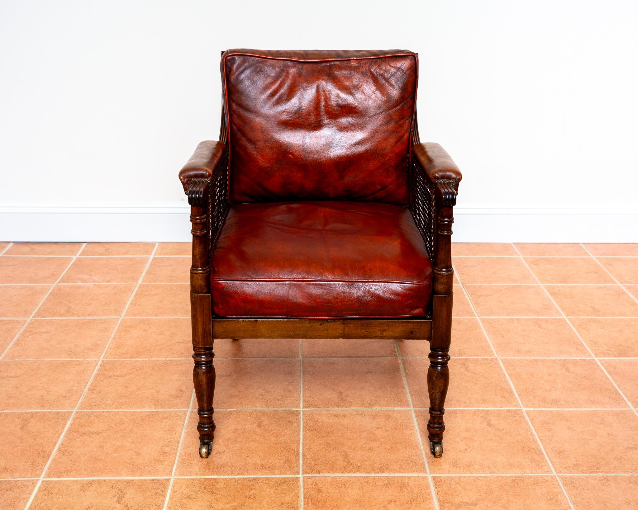 Regency Mahogany Bergere Leather Library Chair 1810-1820 Georgian Red Armchair For Sale 3