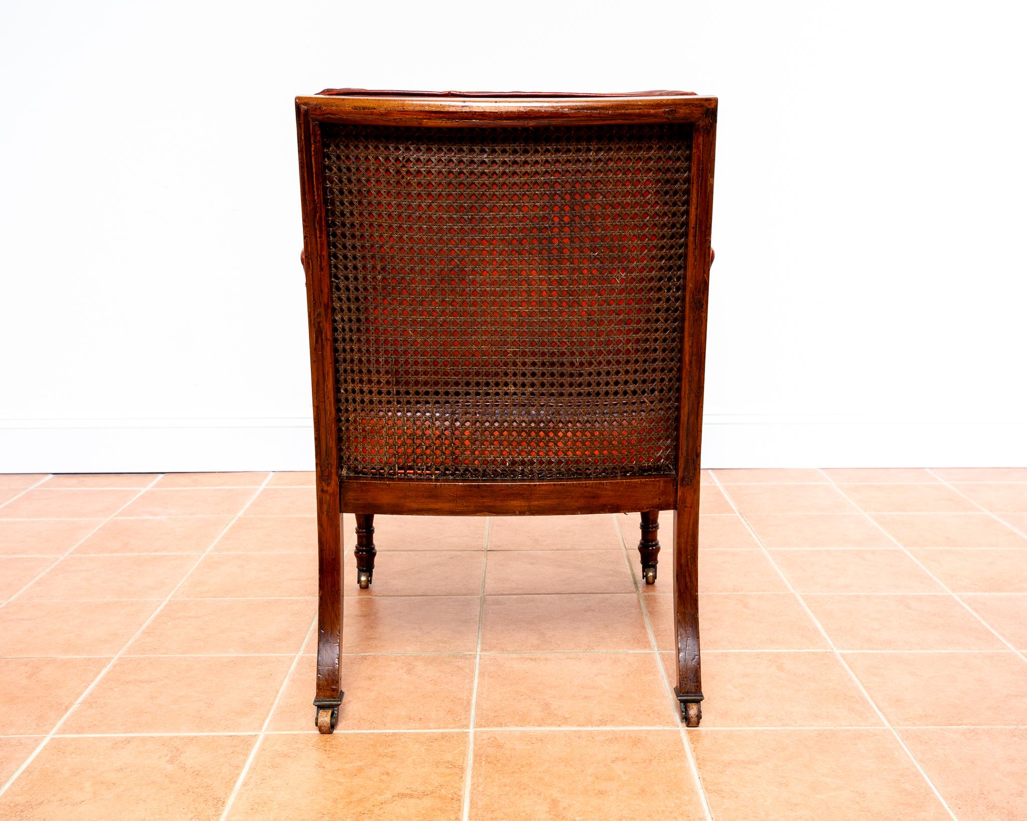 Regency Mahogany Bergere Leather Library Chair 1810-1820 Georgian Red Armchair For Sale 5