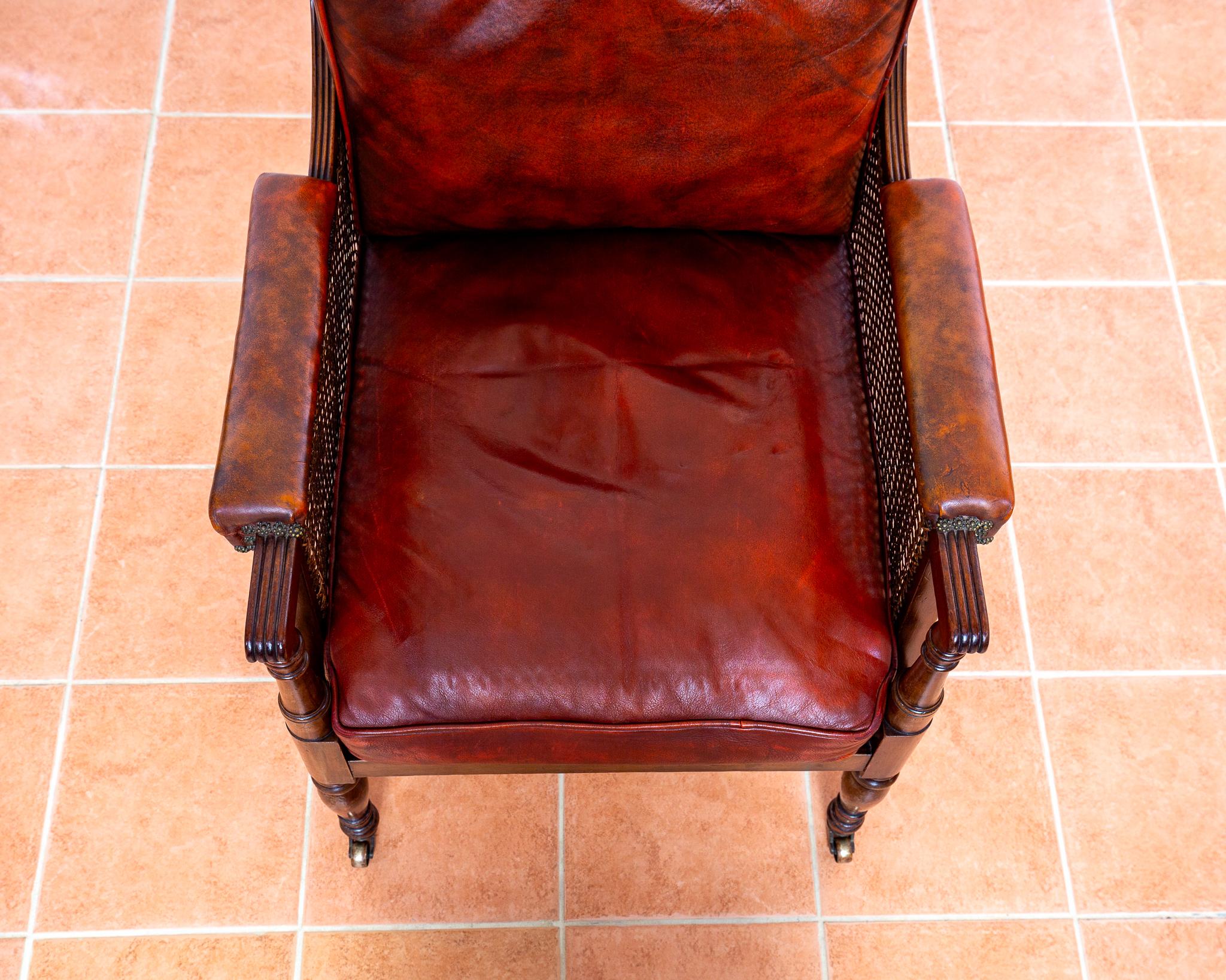 Regency Mahogany Bergere Leather Library Chair 1810-1820 Georgian Red Armchair For Sale 8