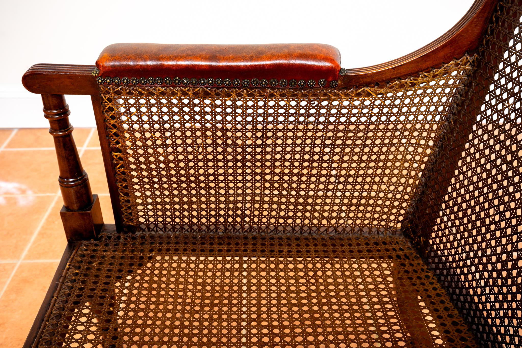 Regency Mahogany Bergere Leather Library Chair 1810-1820 Georgian Red Armchair For Sale 9