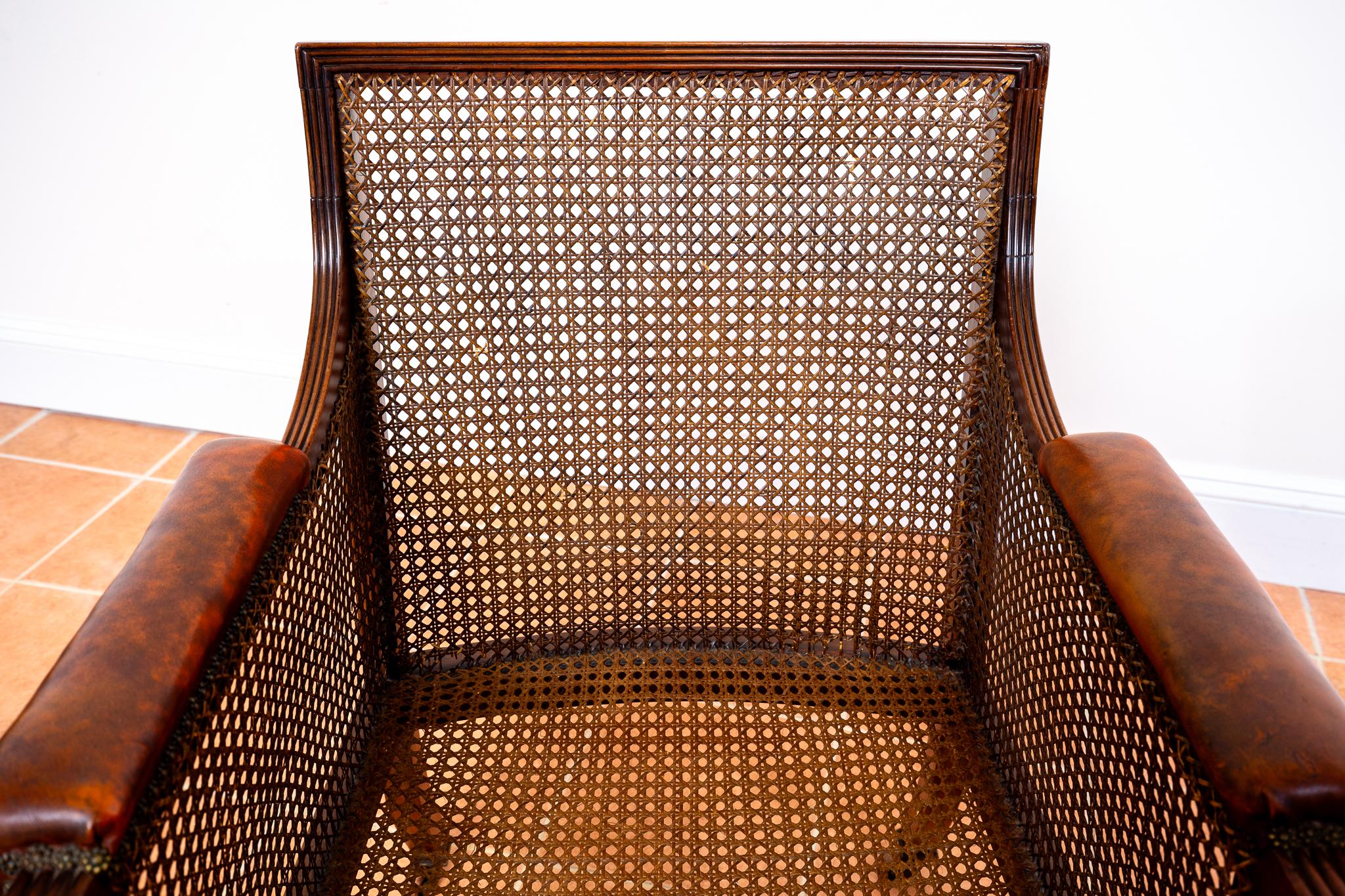 Regency Mahogany Bergere Leather Library Chair 1810-1820 Georgian Red Armchair For Sale 11