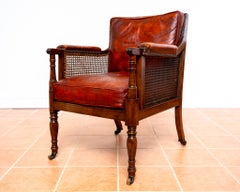 Regency Mahogany Bergere Leather Library Chair 1810-1820 Georgian Red Armchair