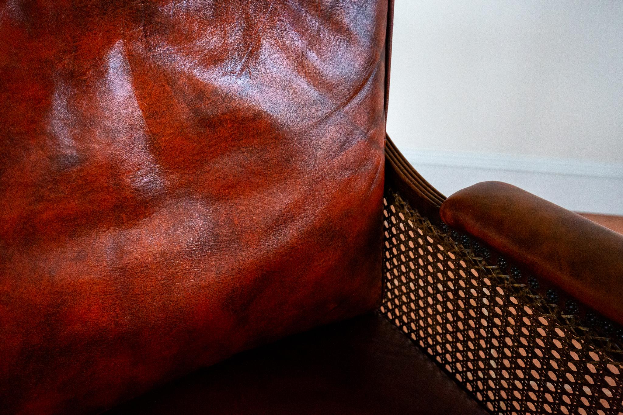 Hand-Carved Regency Mahogany Bergere Leather Library Chair 1810-1820 Georgian Red Armchair For Sale