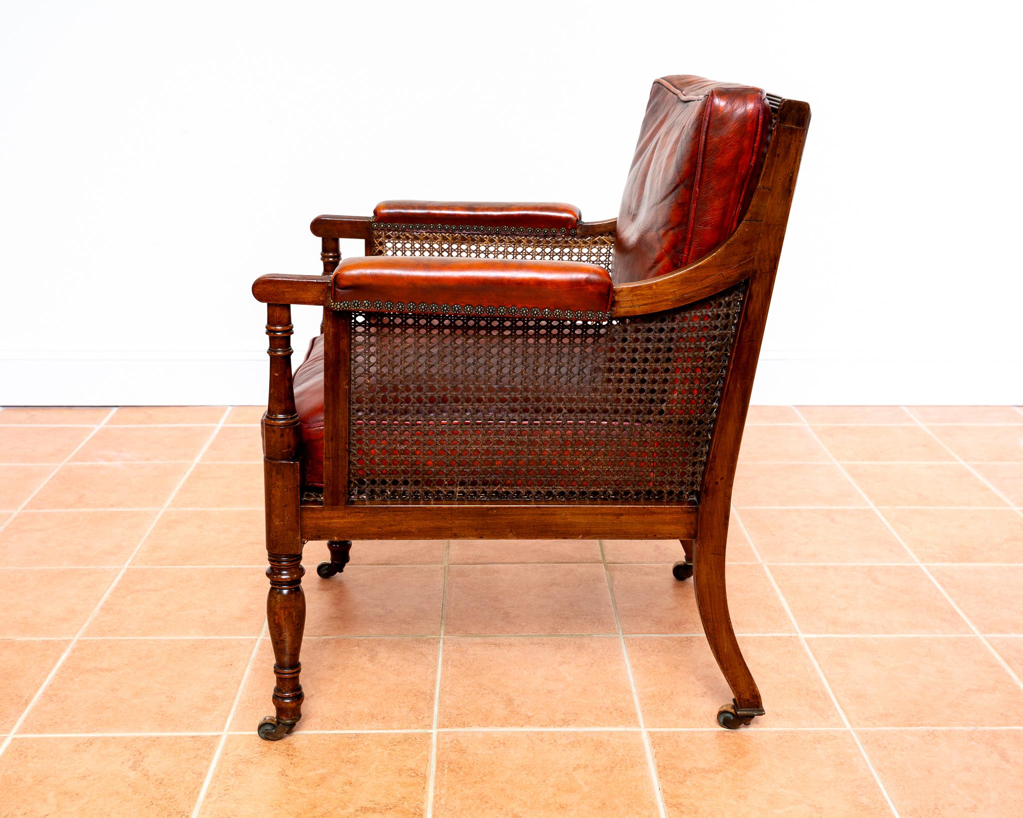 19th Century Regency Mahogany Bergere Leather Library Chair 1810-1820 Georgian Red Armchair For Sale