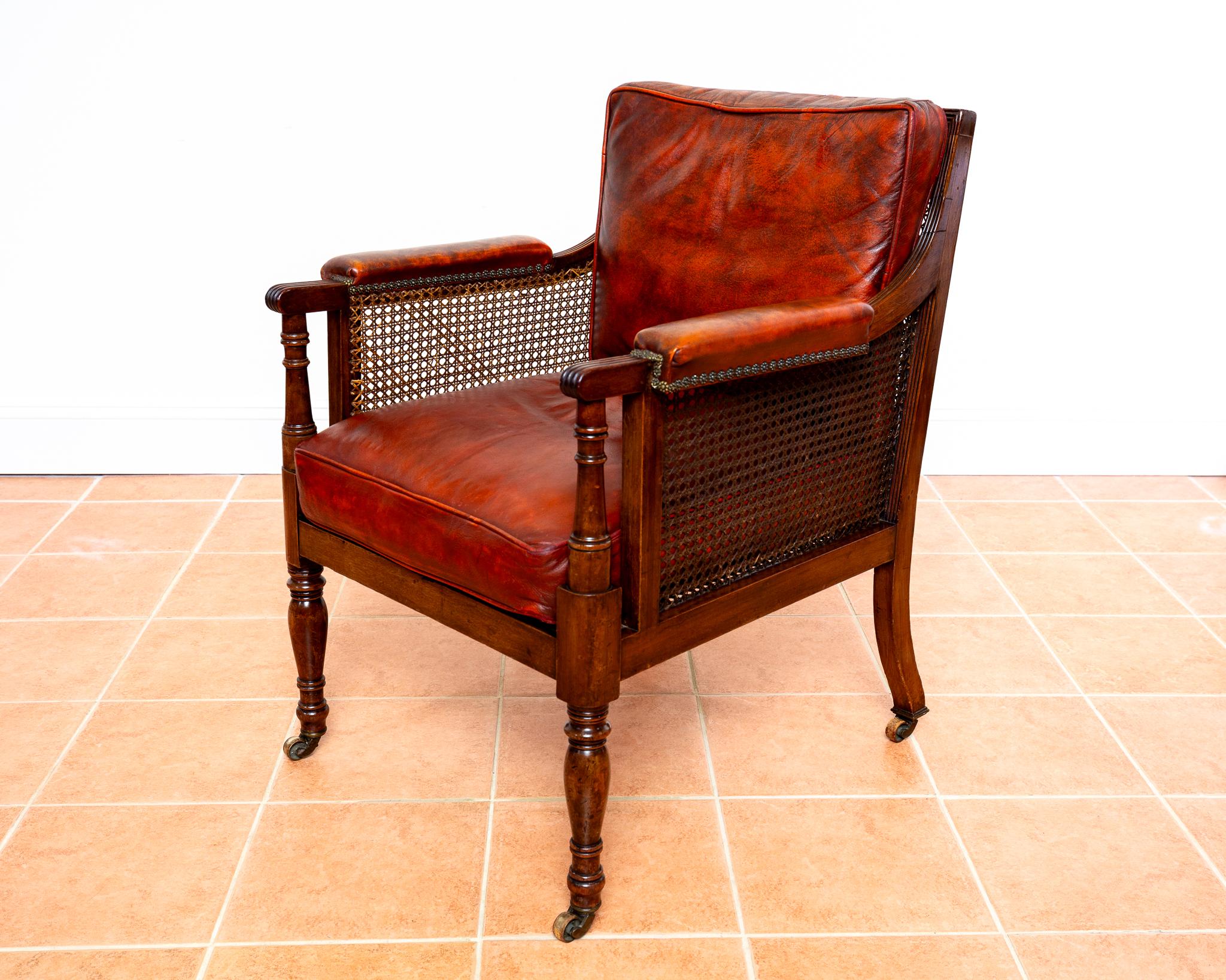 Regency Mahogany Bergere Leather Library Chair 1810-1820 Georgian Red Armchair For Sale 1
