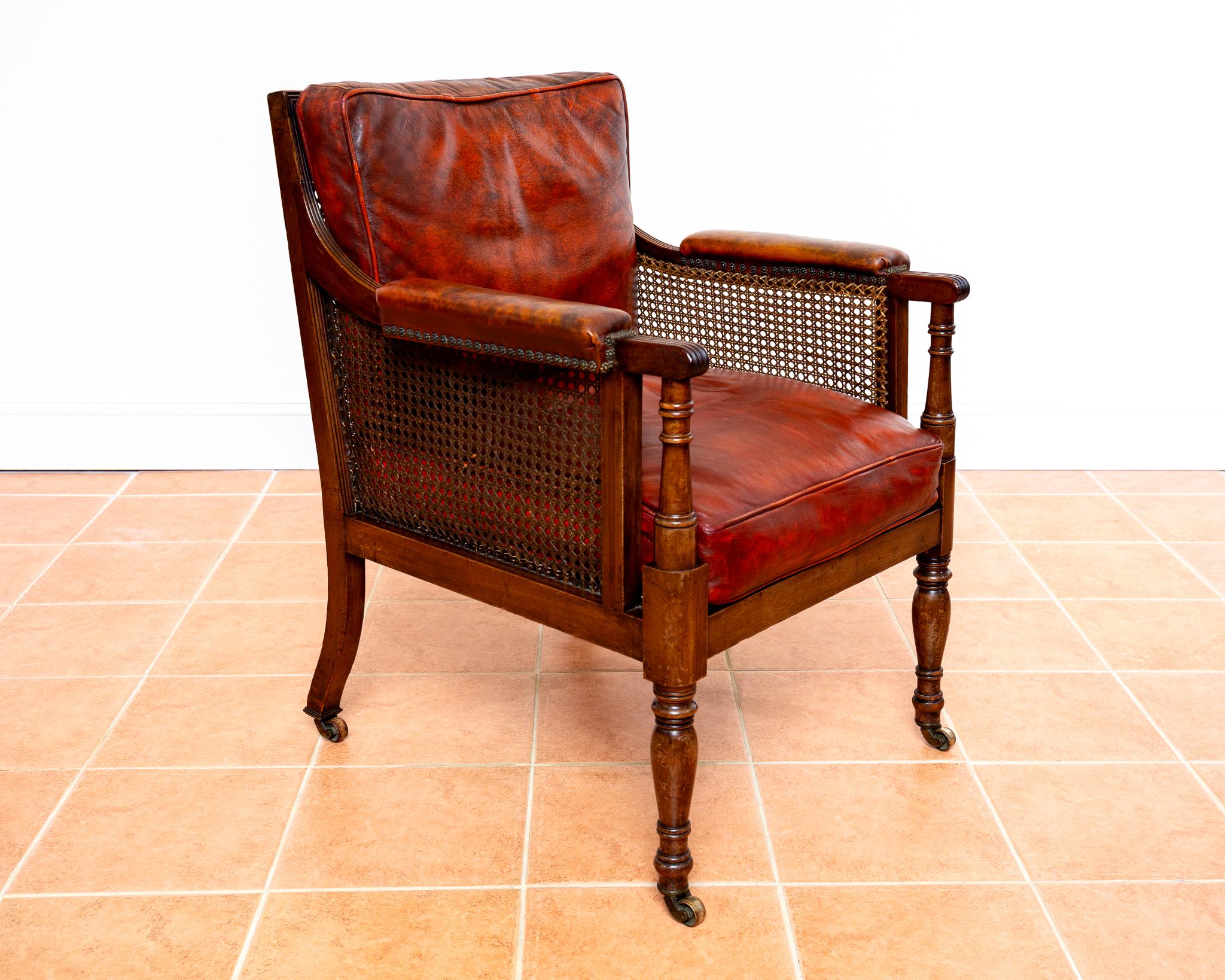 Regency Mahogany Bergere Leather Library Chair 1810-1820 Georgian Red Armchair For Sale 2