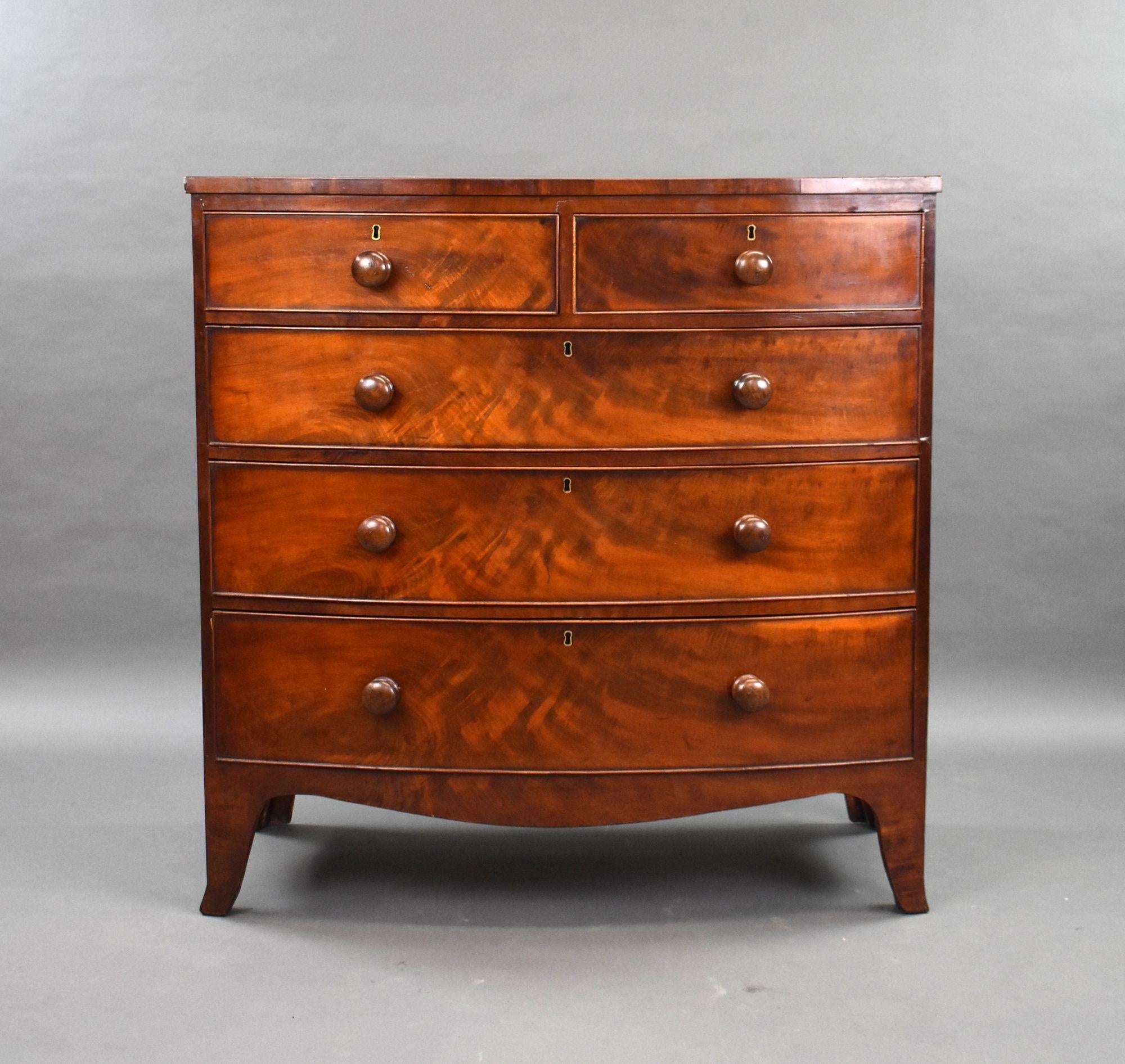 For sale is a good quality Regency mahogany bow front chest of drawers, having an arrangement of two short over three long drawers, each with turned handles, the chest stands on splayed feet and remains in very good condition for its age.

Width: