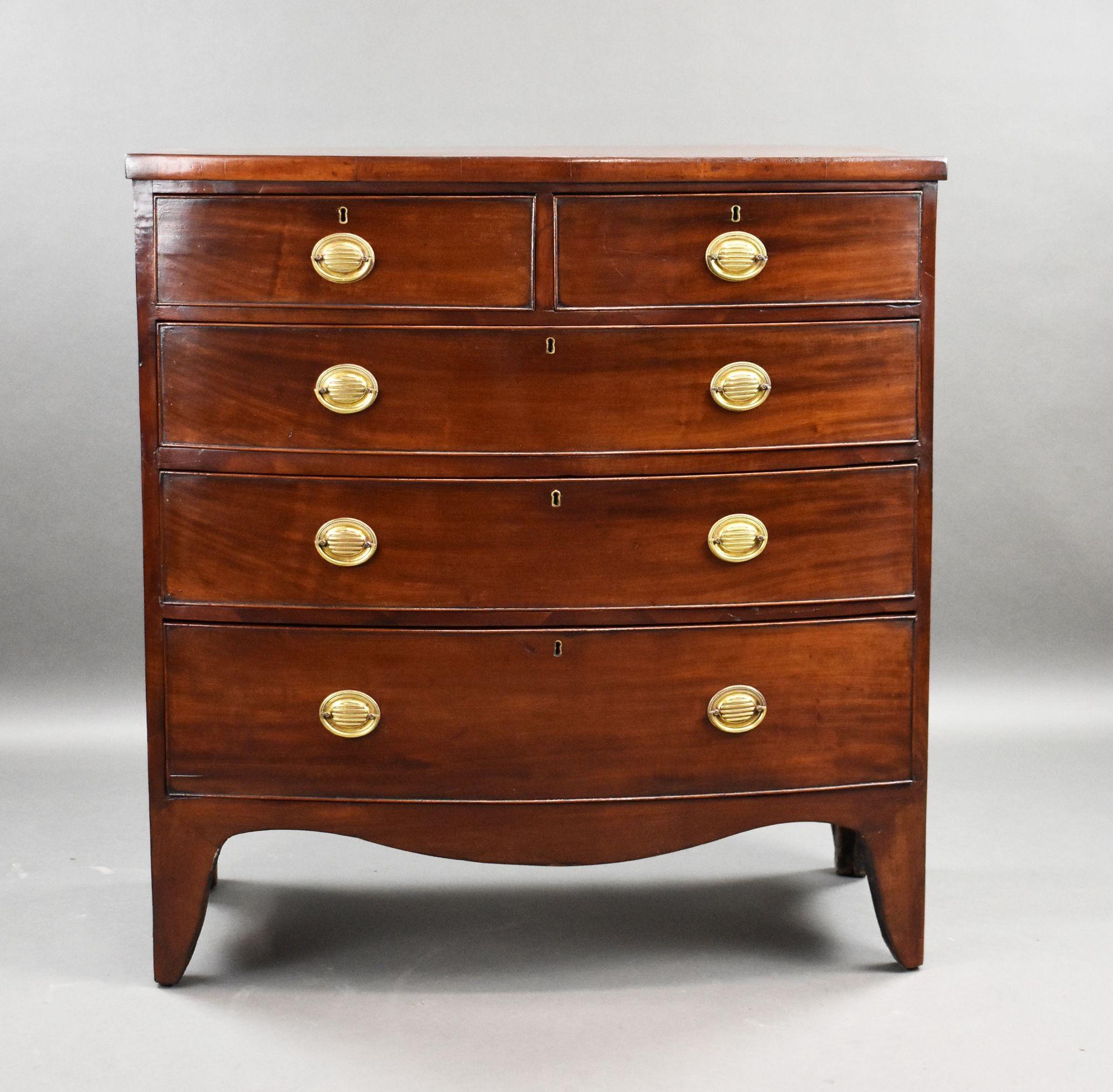 For sale is a good quality Regency mahogany bow front chest of drawers, having a banded top, above an arrangement of two over three graduated drawers, each with brass handles, raised on splayed feet, the chest remains in very good condition, showing
