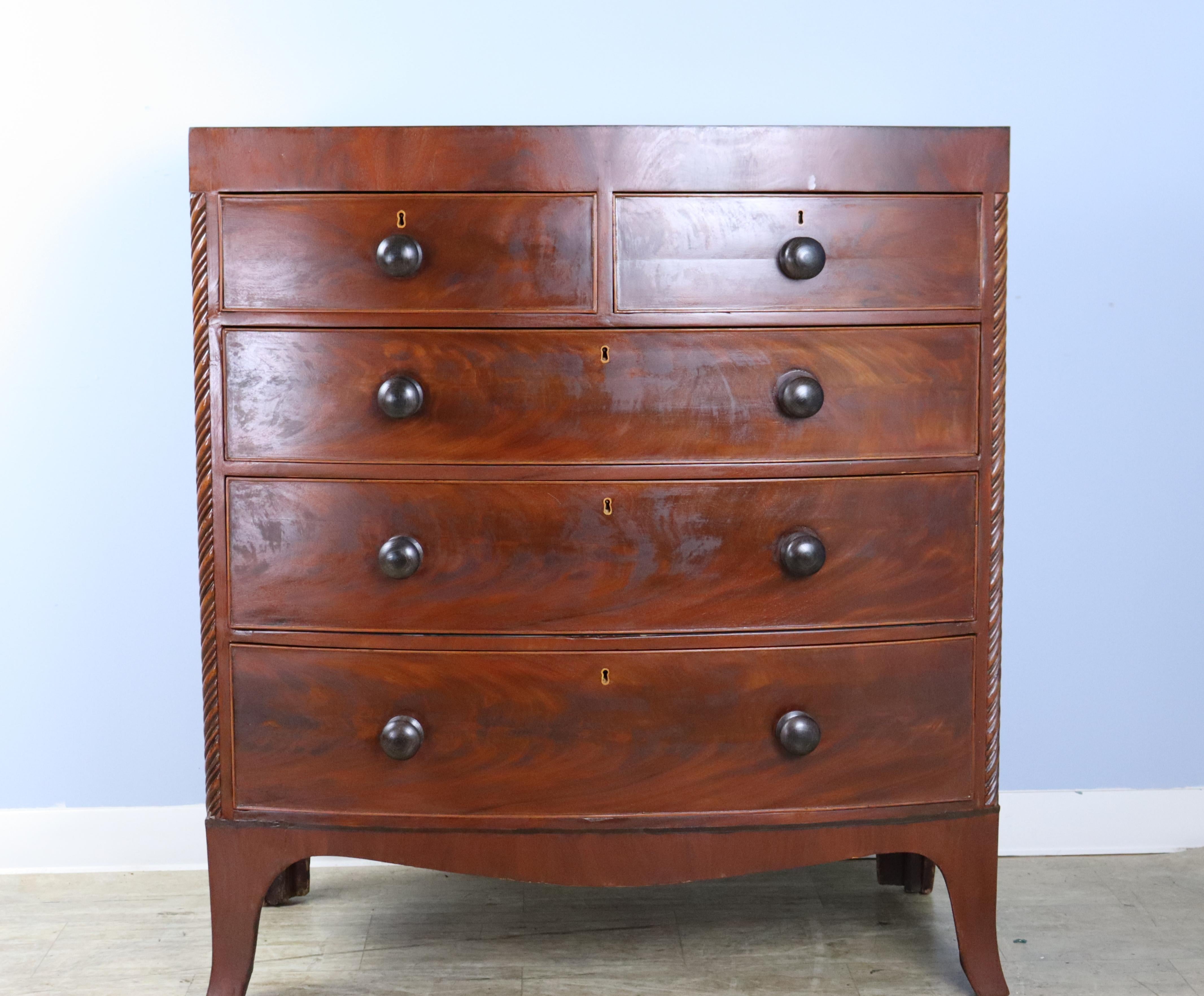 English Regency Mahogany Bowfront Chest of Drawers, Tea Caddy Top, Original Feet For Sale