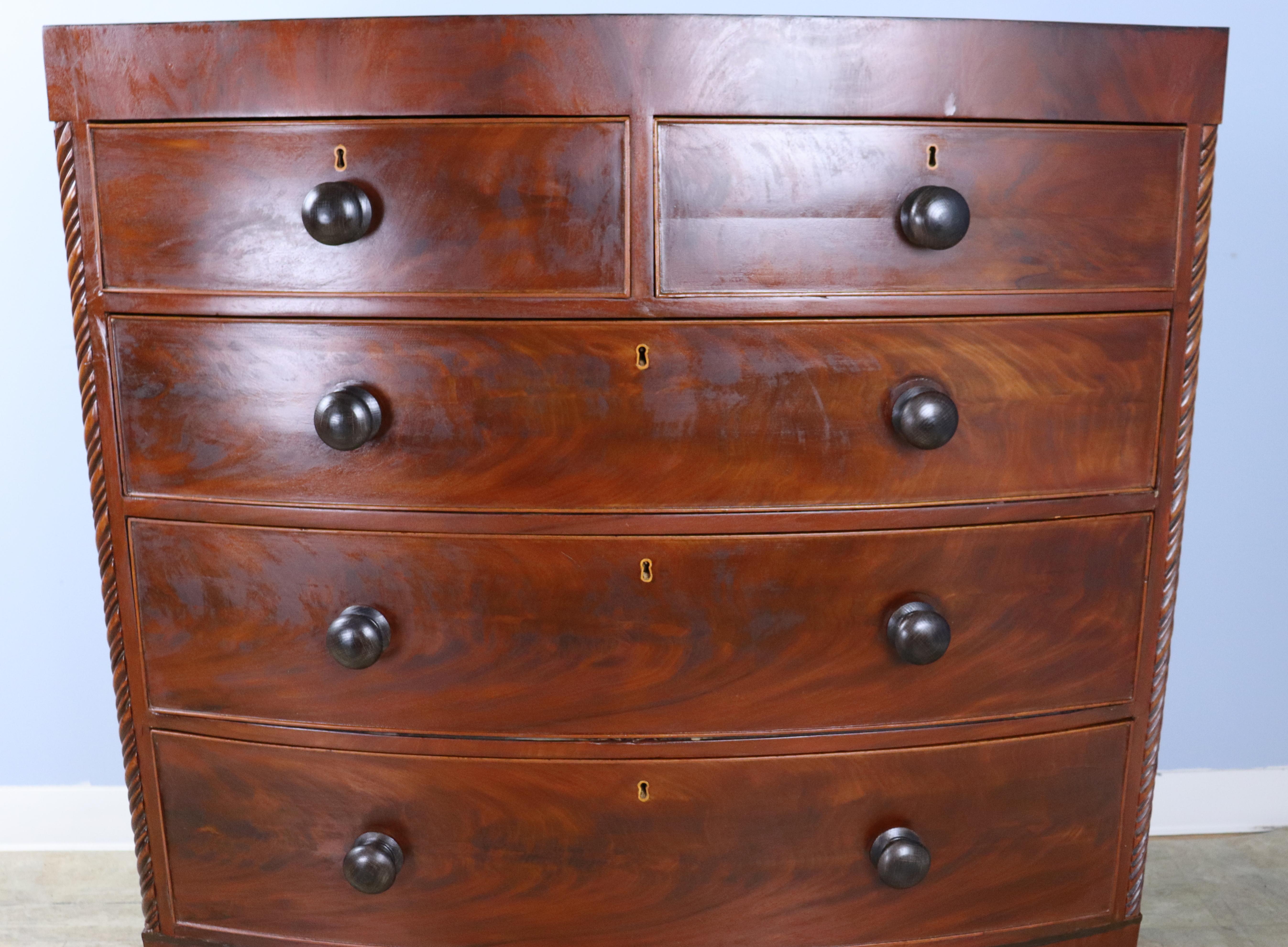 19th Century Regency Mahogany Bowfront Chest of Drawers, Tea Caddy Top, Original Feet For Sale
