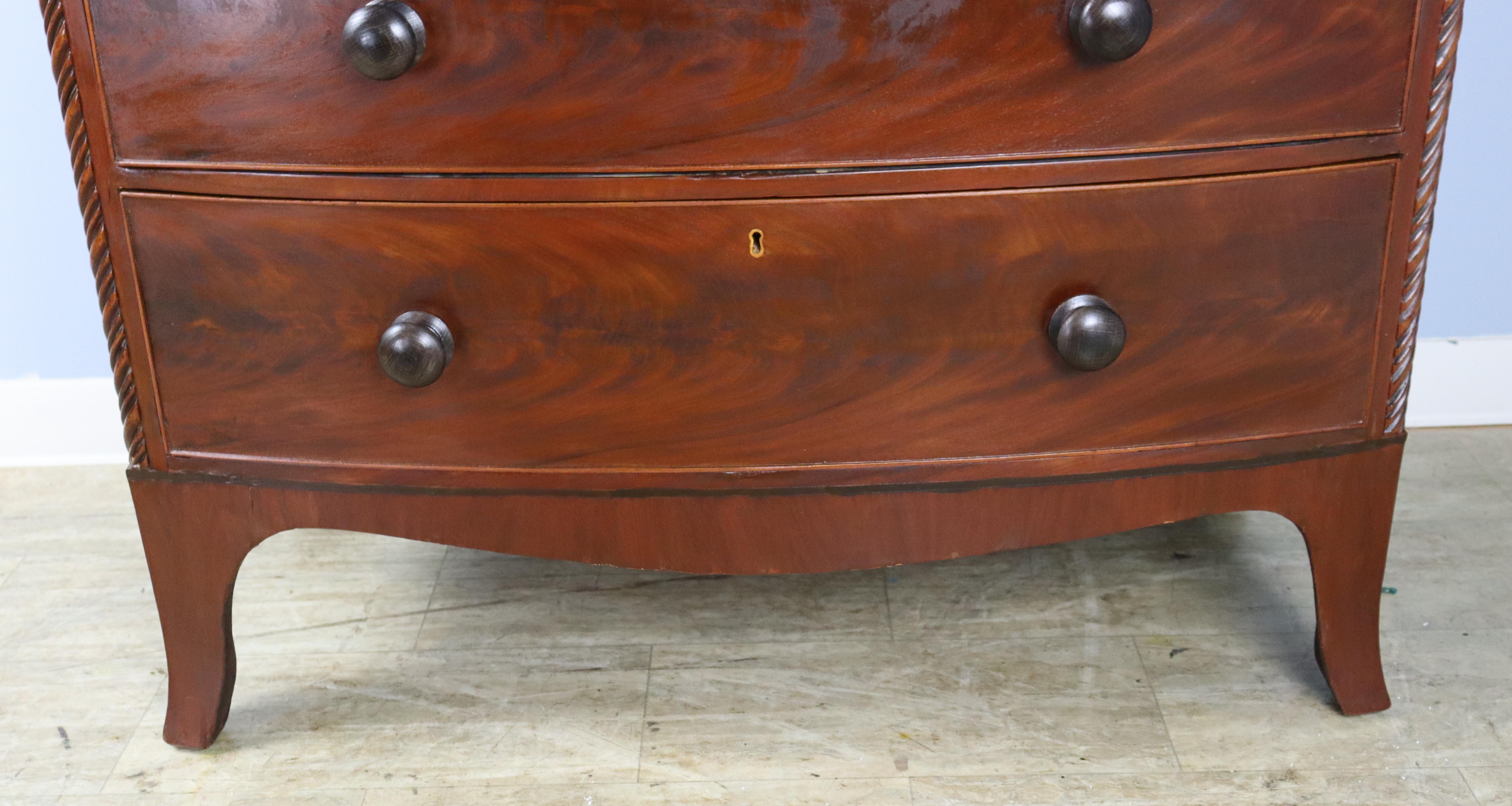 Regency Mahogany Bowfront Chest of Drawers, Tea Caddy Top, Original Feet For Sale 3