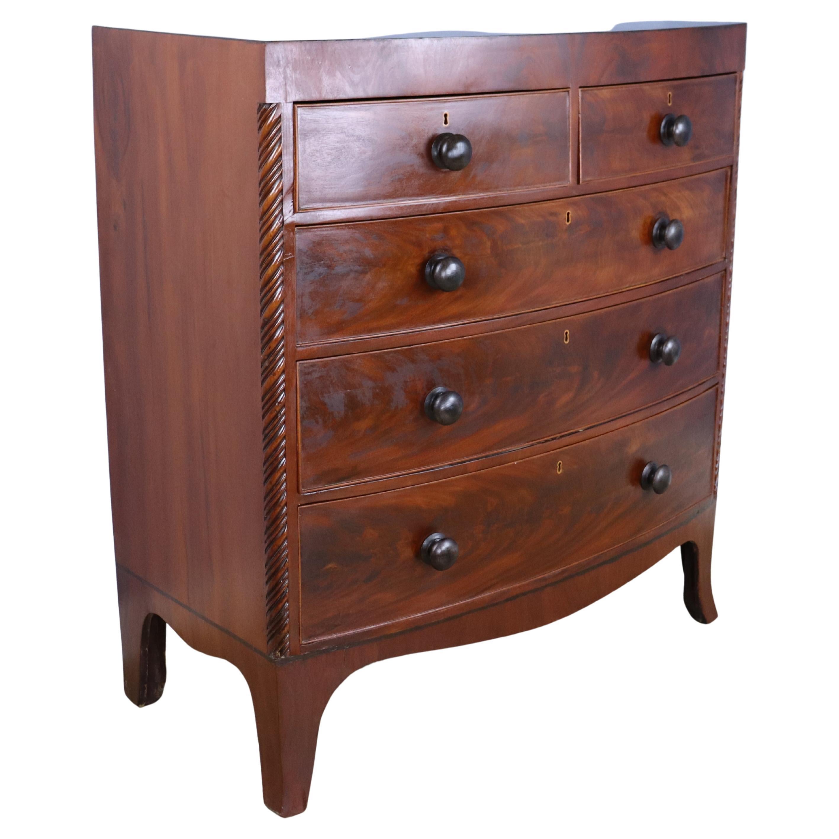 Regency Mahogany Bowfront Chest of Drawers, Tea Caddy Top, Original Feet For Sale