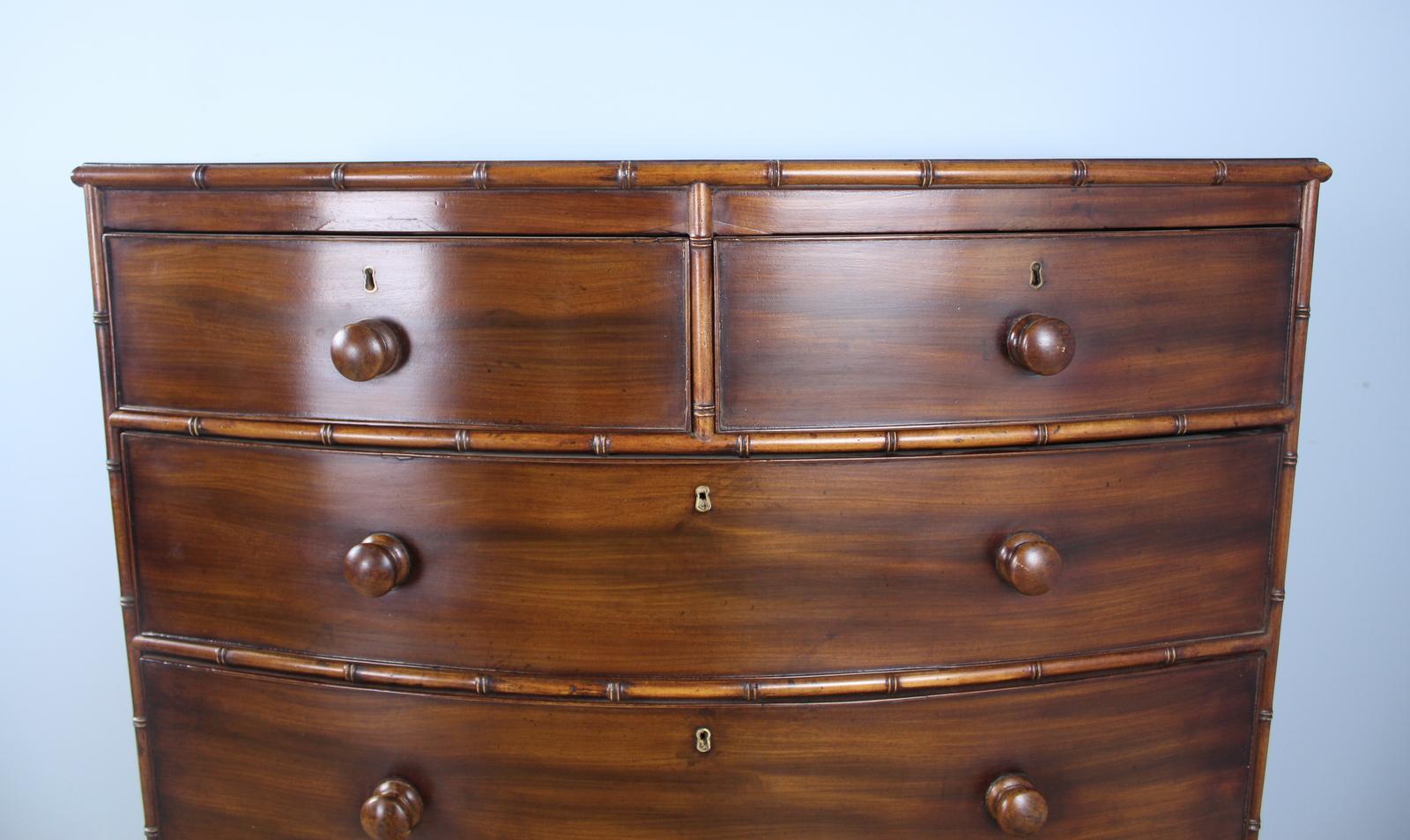English Regency Mahogany Bowfront Faux Bamboo Chest of Drawers For Sale