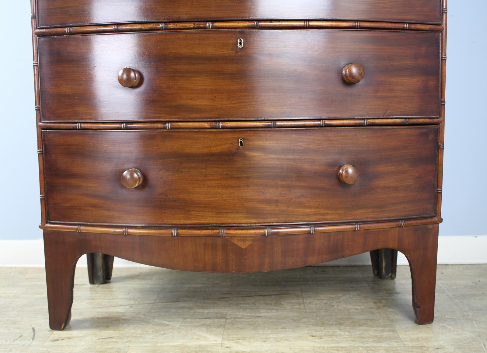 Regency Mahogany Bowfront Faux Bamboo Chest of Drawers In Good Condition For Sale In Port Chester, NY