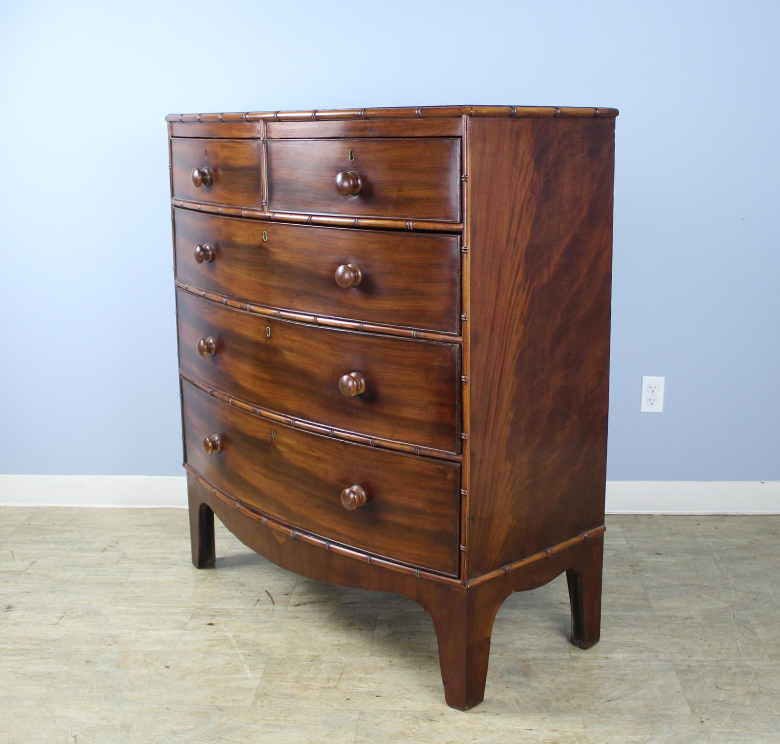 19th Century Regency Mahogany Bowfront Faux Bamboo Chest of Drawers For Sale