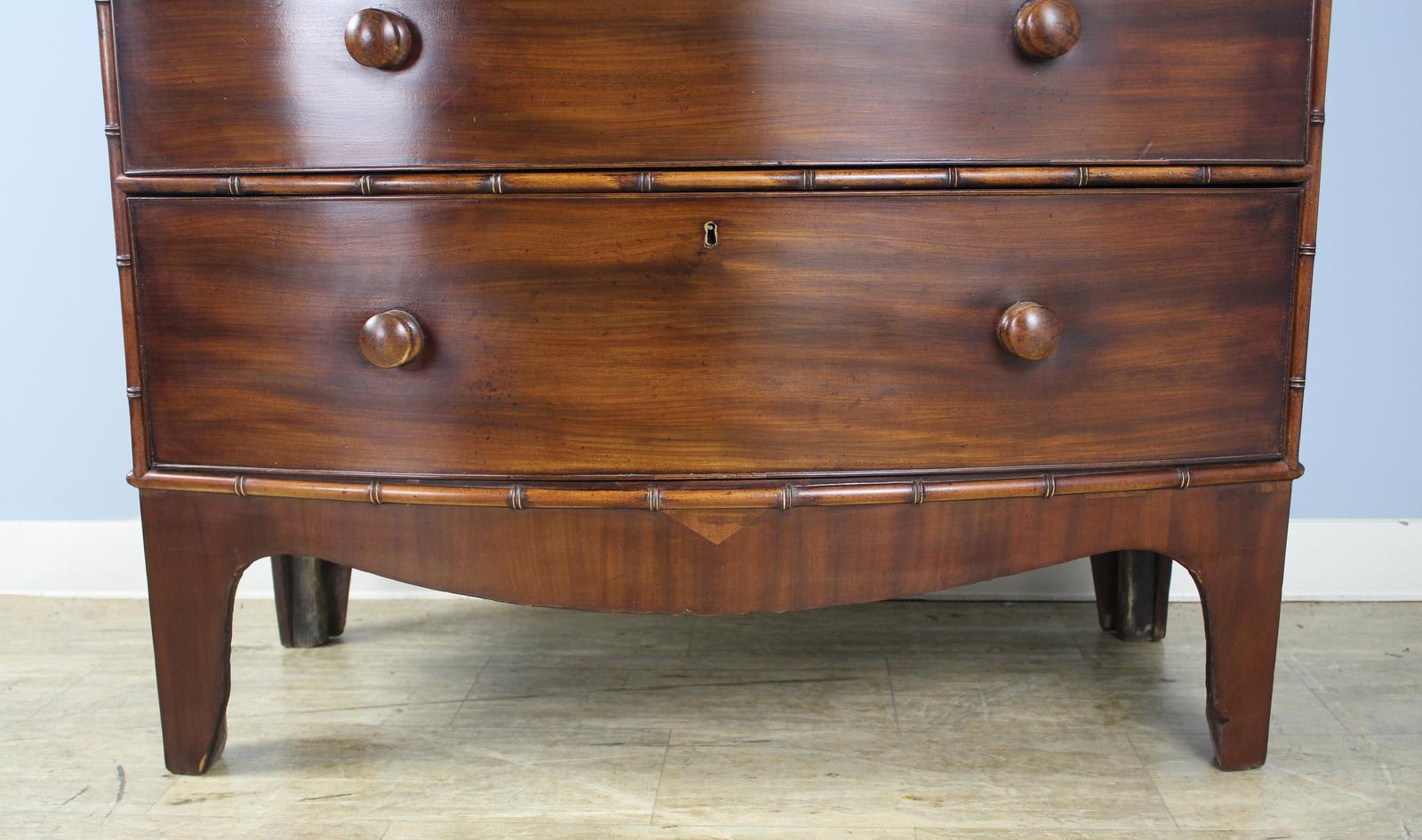 Regency Mahogany Bowfront Faux Bamboo Chest of Drawers For Sale 1