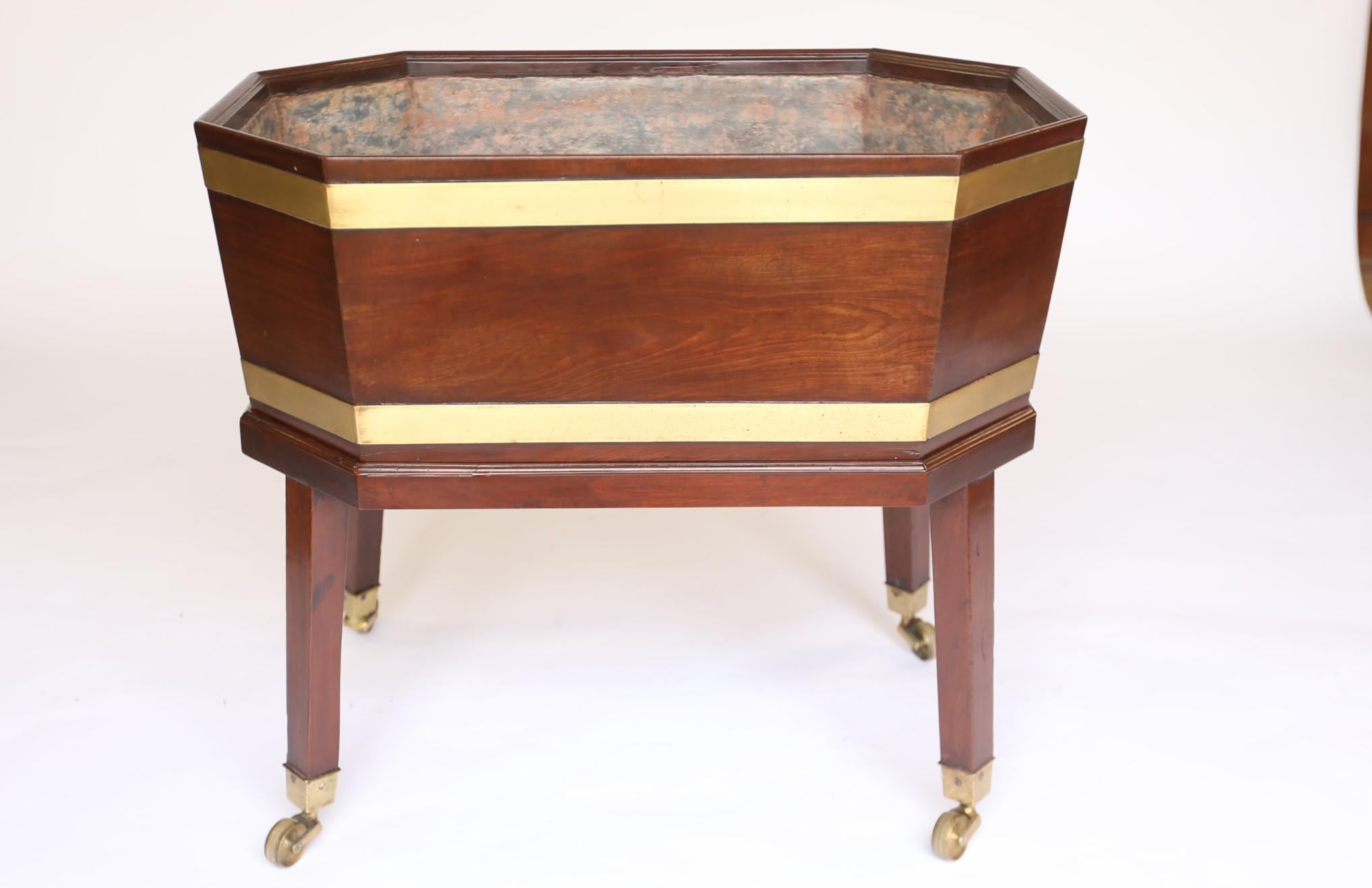 British Regency Mahogany & Brass bound Wine Cooler/  Cellaret on stand For Sale