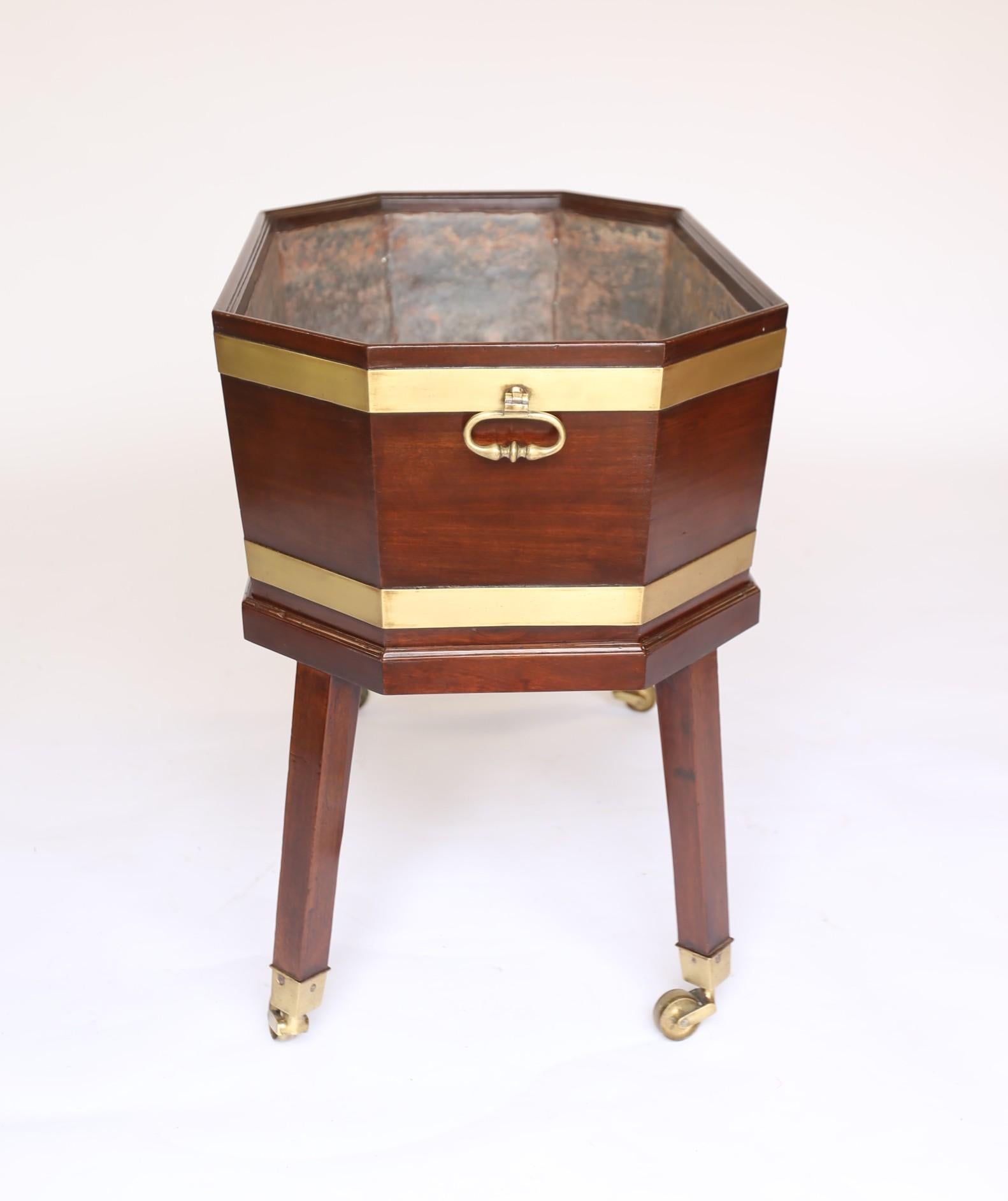 Polished Regency Mahogany & Brass bound Wine Cooler/  Cellaret on stand For Sale