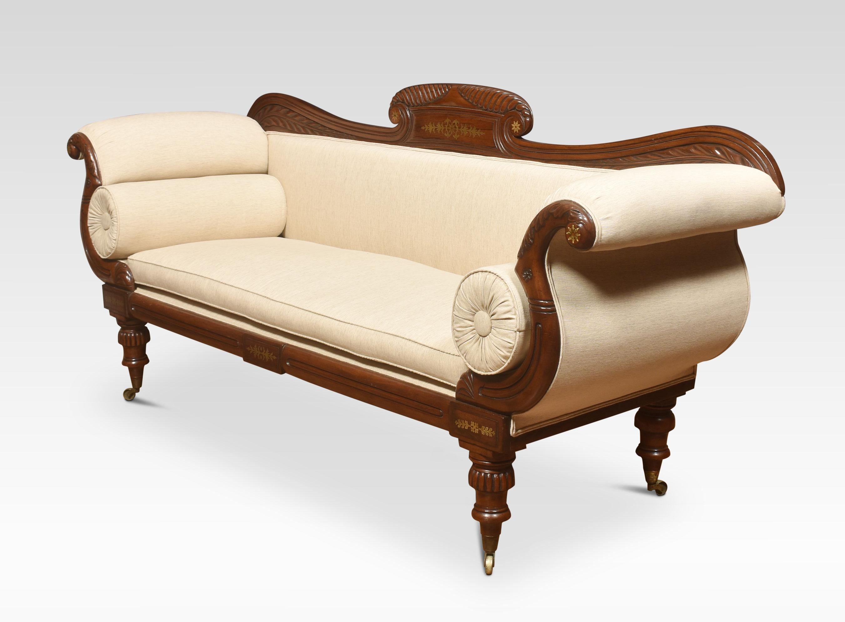 Upholstery Regency Mahogany Brass Inlaid Scroll End Settee For Sale