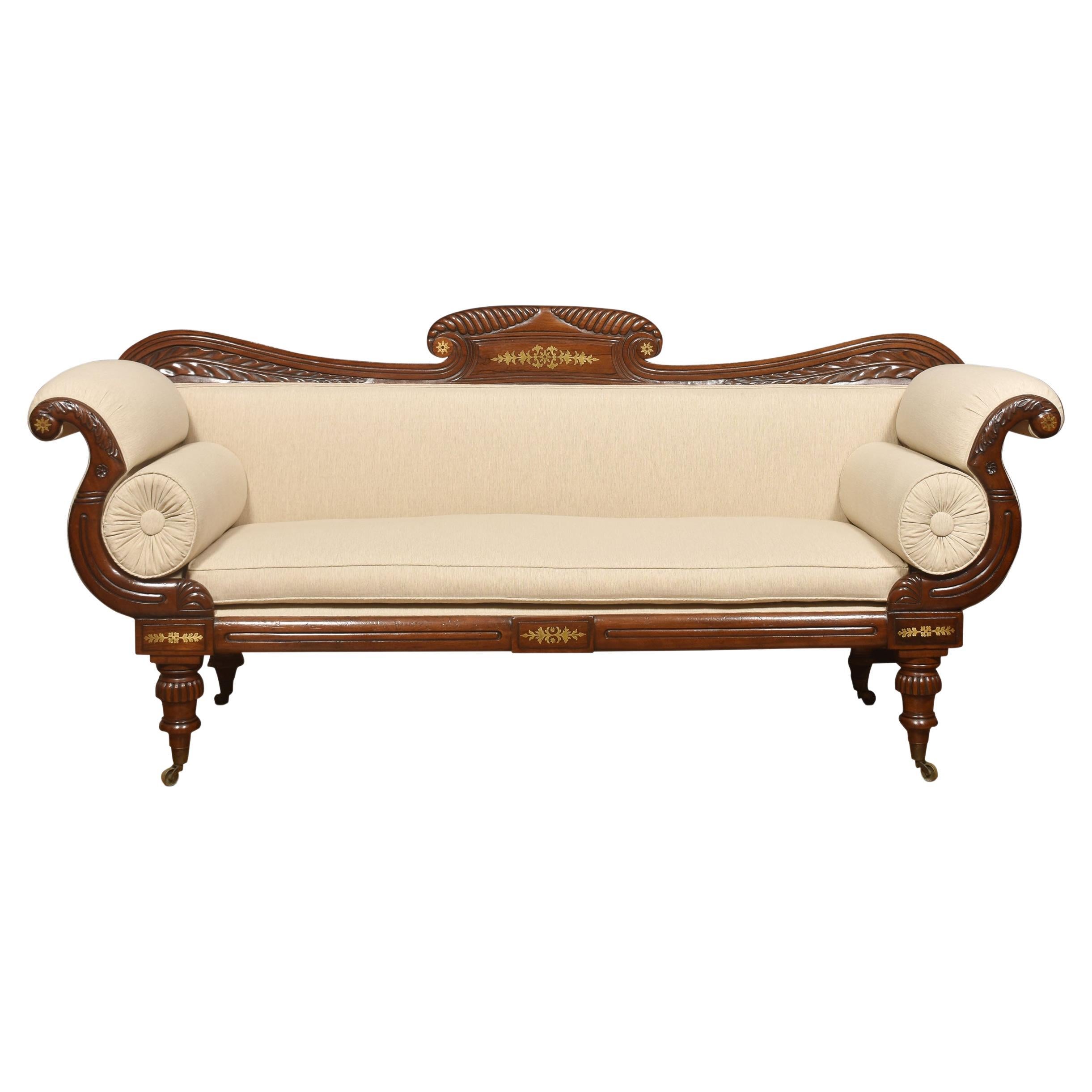 Regency Mahogany Brass Inlaid Scroll End Settee For Sale