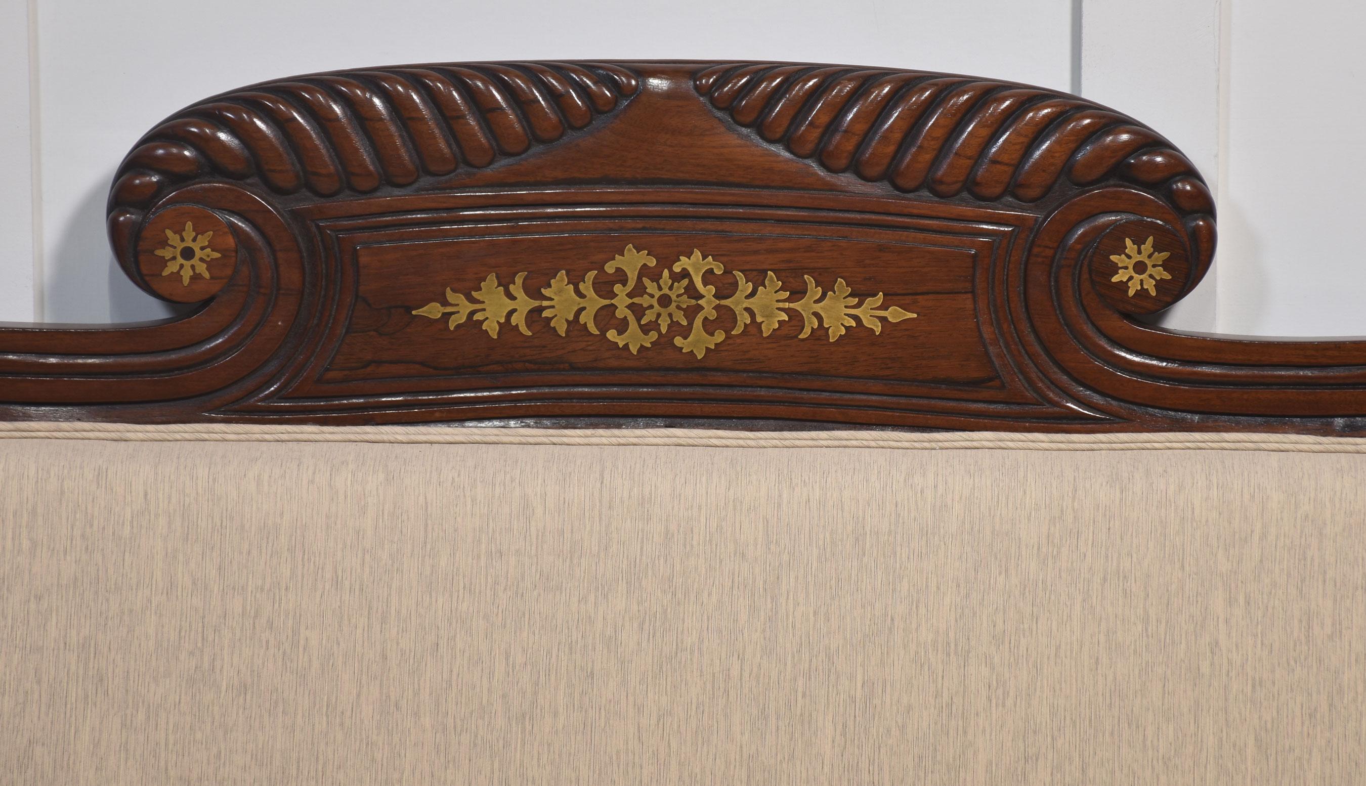 British Regency mahogany brass inlaid settee For Sale