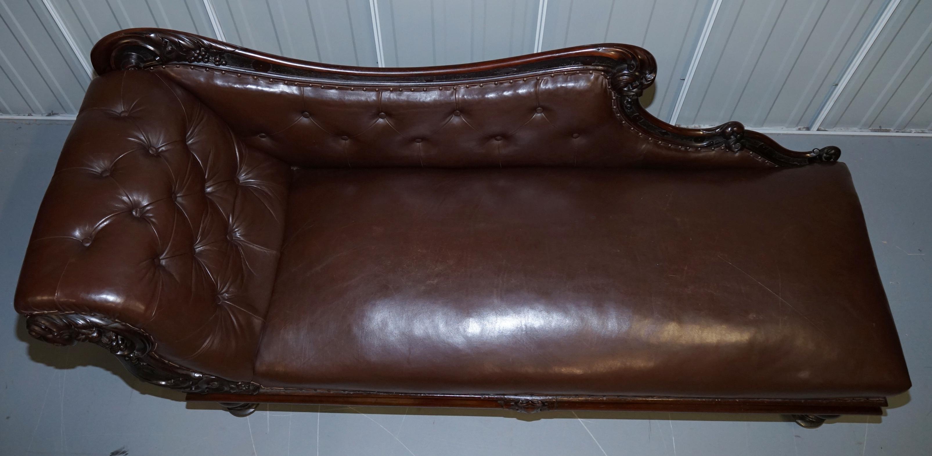 Regency Mahogany & Brown Leather Chesterfield Buttoned Chaise Lounge Sofa Chair 3