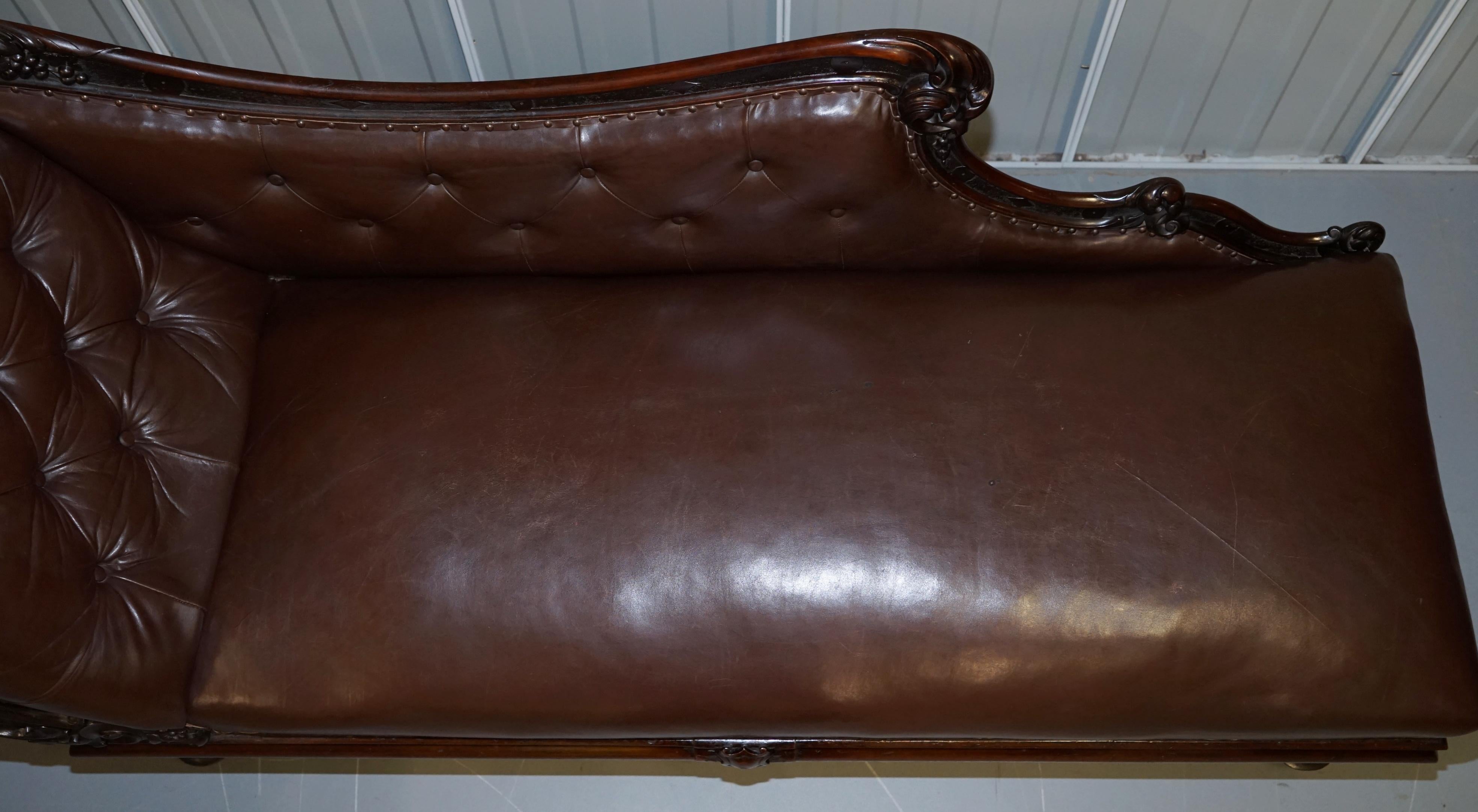Regency Mahogany & Brown Leather Chesterfield Buttoned Chaise Lounge Sofa Chair 4