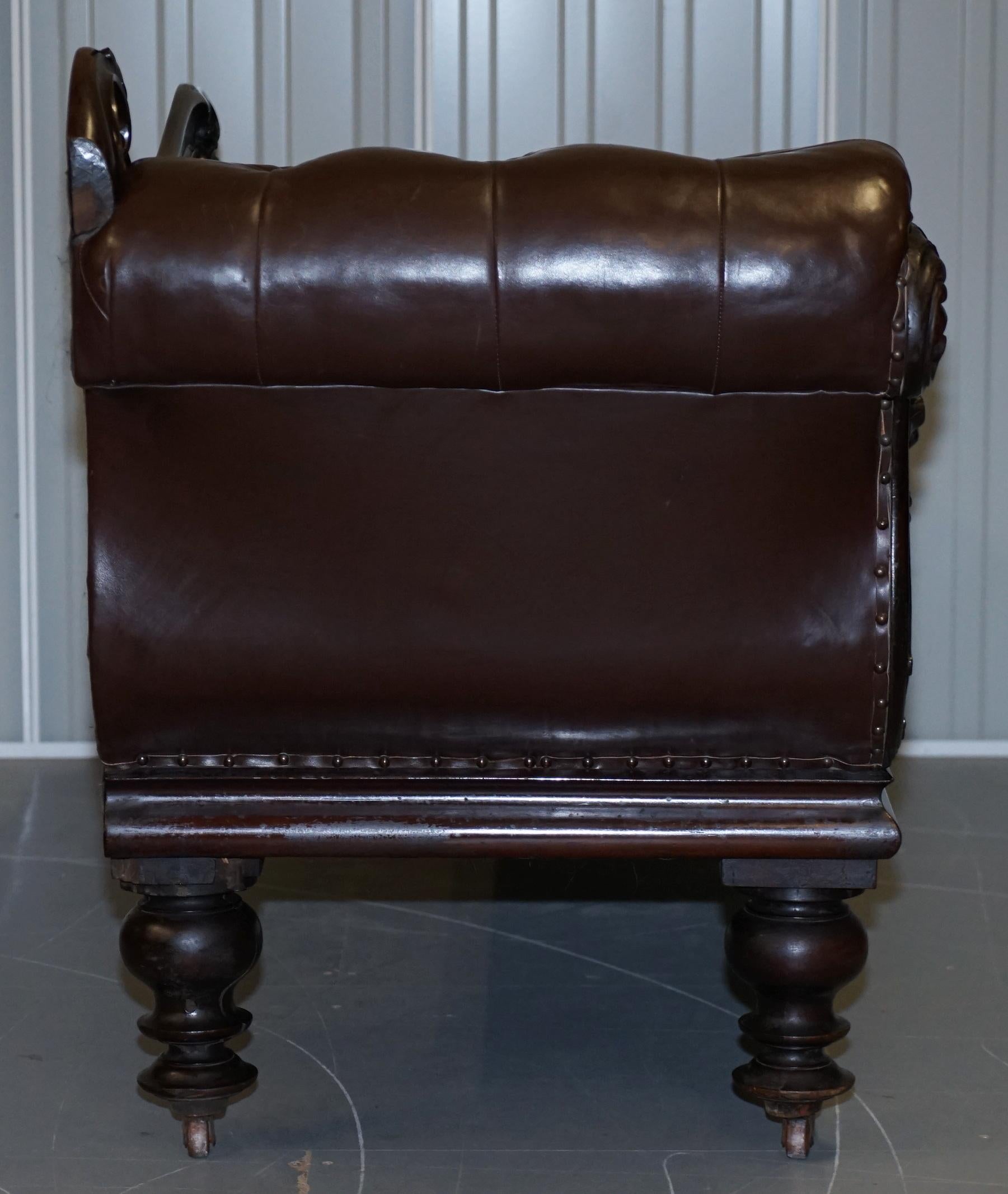 Regency Mahogany & Brown Leather Chesterfield Buttoned Chaise Lounge Sofa Chair 6