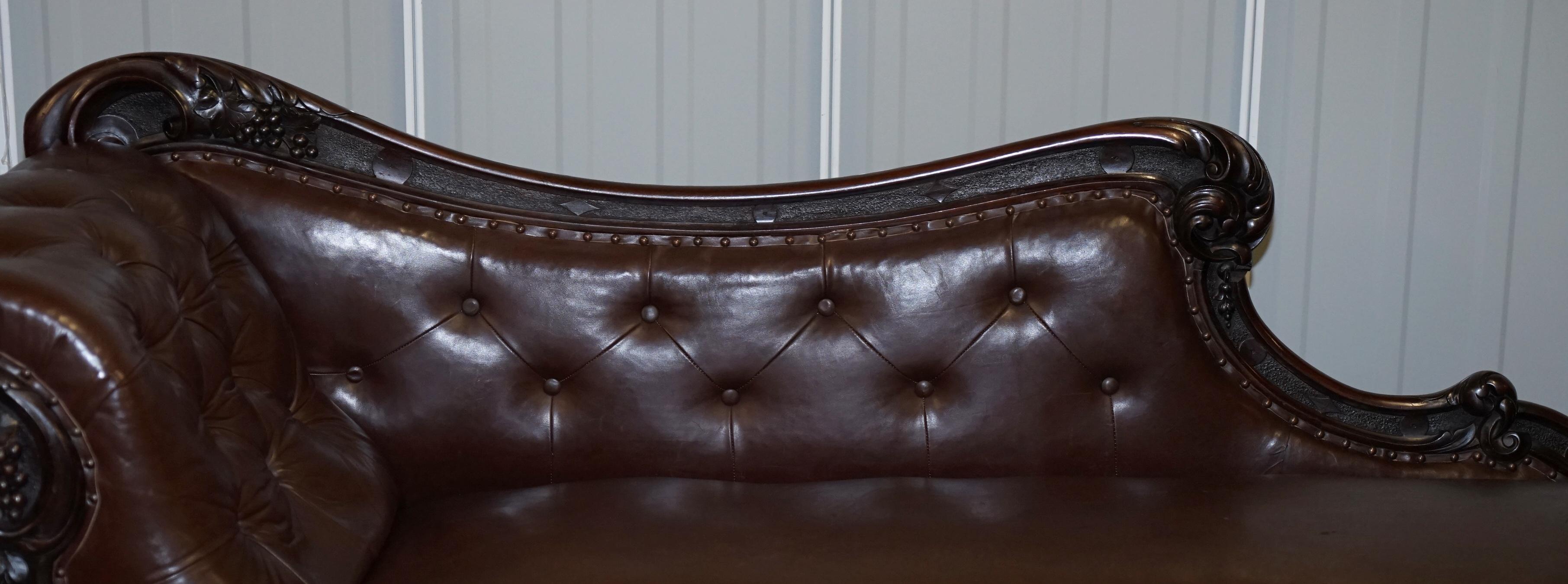 English Regency Mahogany & Brown Leather Chesterfield Buttoned Chaise Lounge Sofa Chair