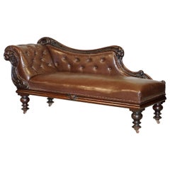 Antique Regency Mahogany & Brown Leather Chesterfield Buttoned Chaise Lounge Sofa Chair