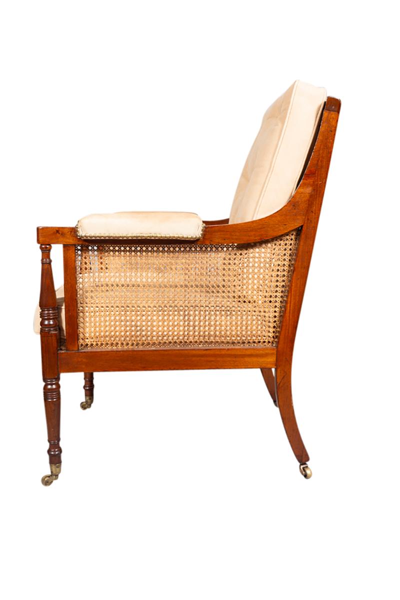 Brass Regency Mahogany Caned Bergere For Sale