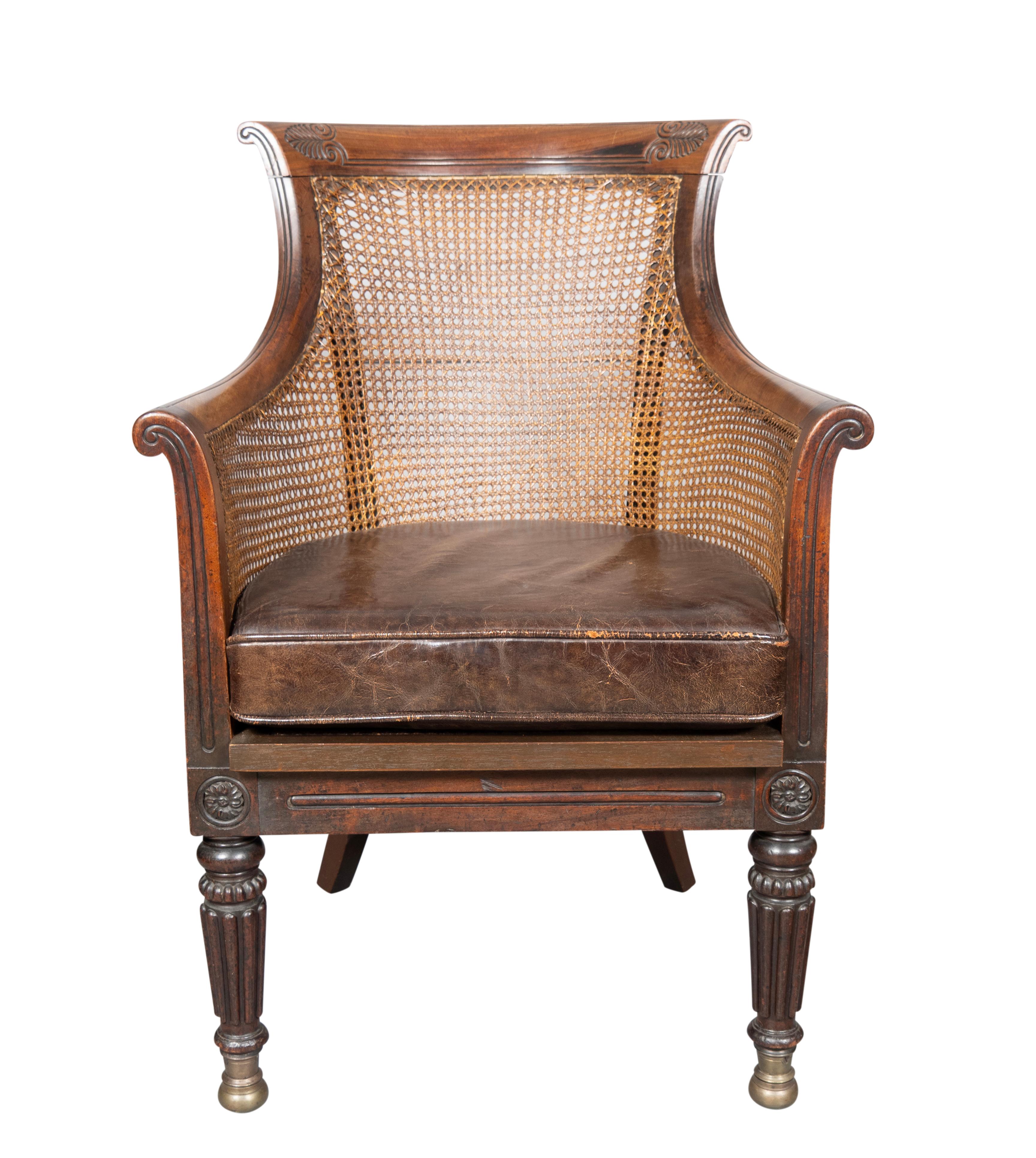 Brass Regency Mahogany Caned Tub Chair For Sale