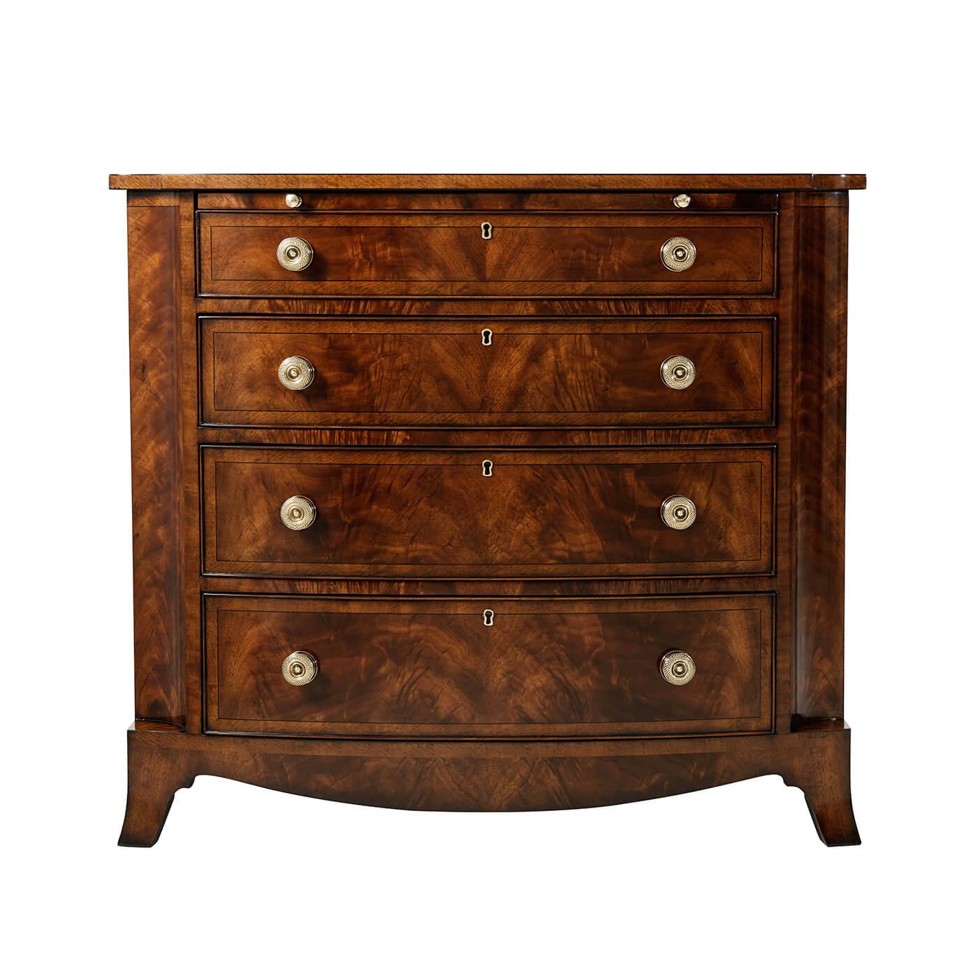 A Regency style figured mahogany chest of drawers, the bowfront satinwood crossbanded top with concave corners and uprights, above a veneered slide and four graduated bowfront drawers, with natural brass handles, on splay legs. 

Dimensions: 36