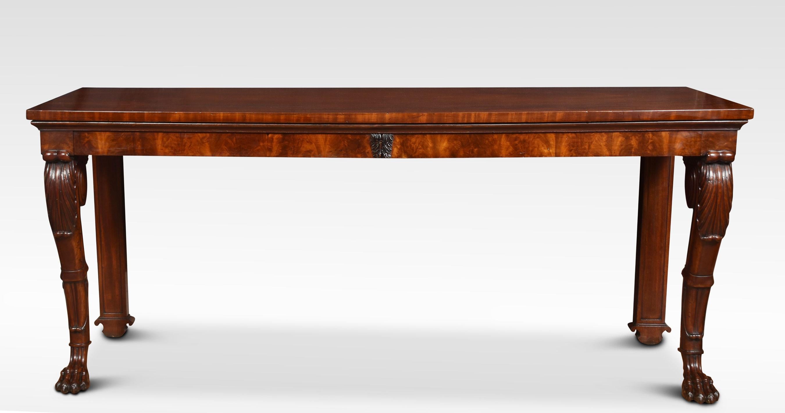 Regency mahogany serving table / console table, The large rectangular top with molded edge above a frieze fitted with two long drawers. All raised up on bold acanthus carved scrolled front legs with paw feet.
Dimensions
Height 36 Inches
Width 84
