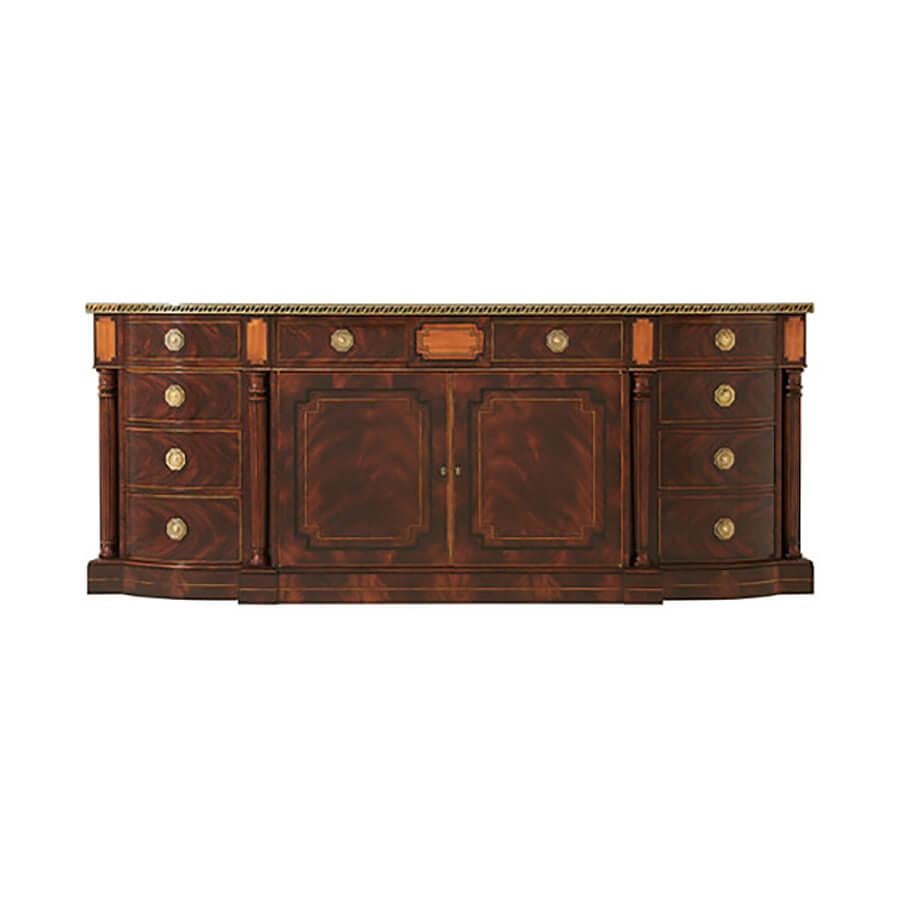 A fine Regency style mahogany veneered and yew burl banded buffet, the break bowfront top with an ebony and brass inlaid edge, above an arrangement of four frieze drawers above central cabinet doors enclosing an adjustable shelf, flanked by two sets