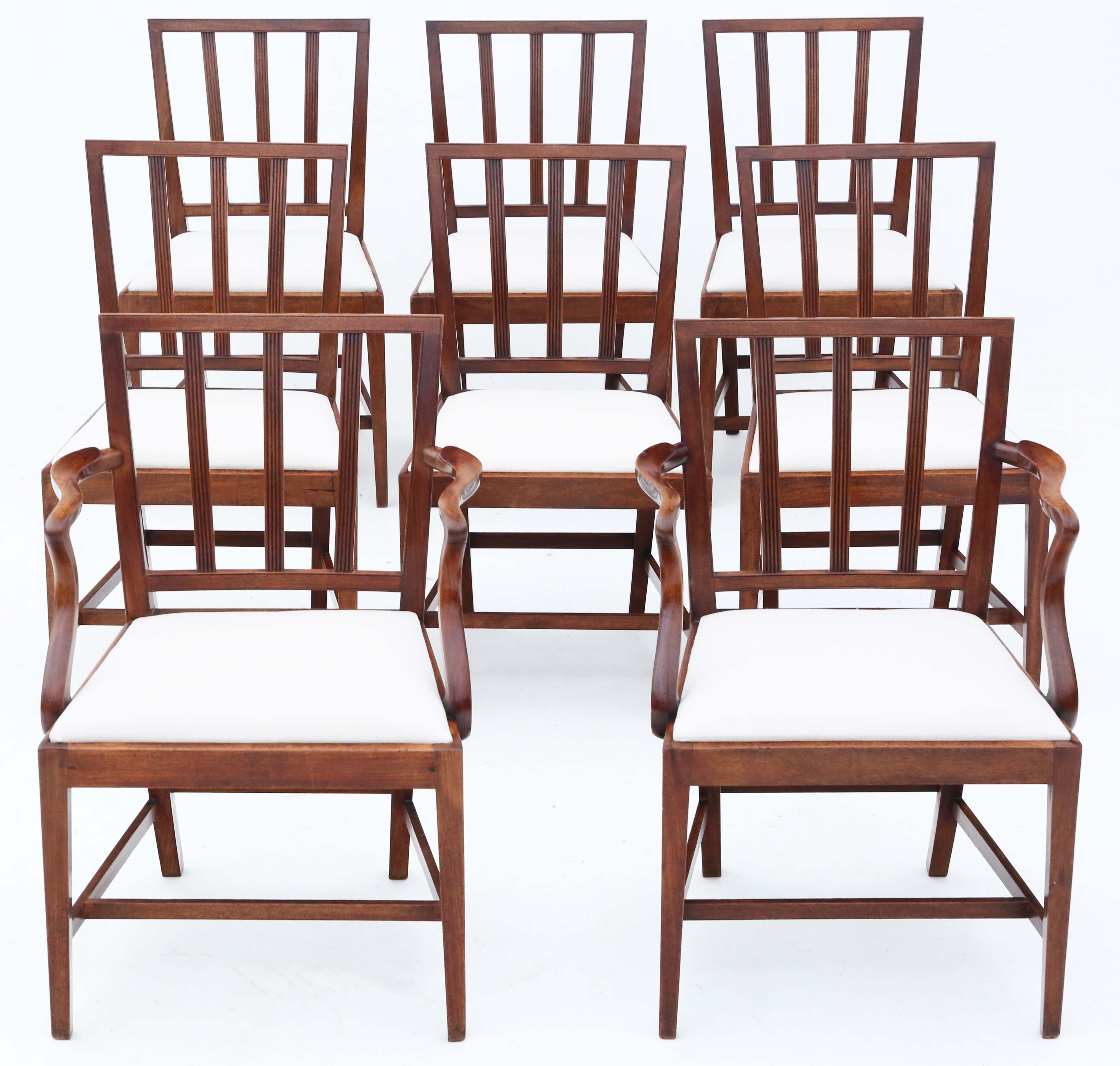 Explore the rare elegance of this exquisite set of 8 (6 plus 2) early 19th Century Regency mahogany dining chairs, showcasing a timeless design that reflects the sophistication of the era.

Crafted with meticulous attention to detail, these chairs