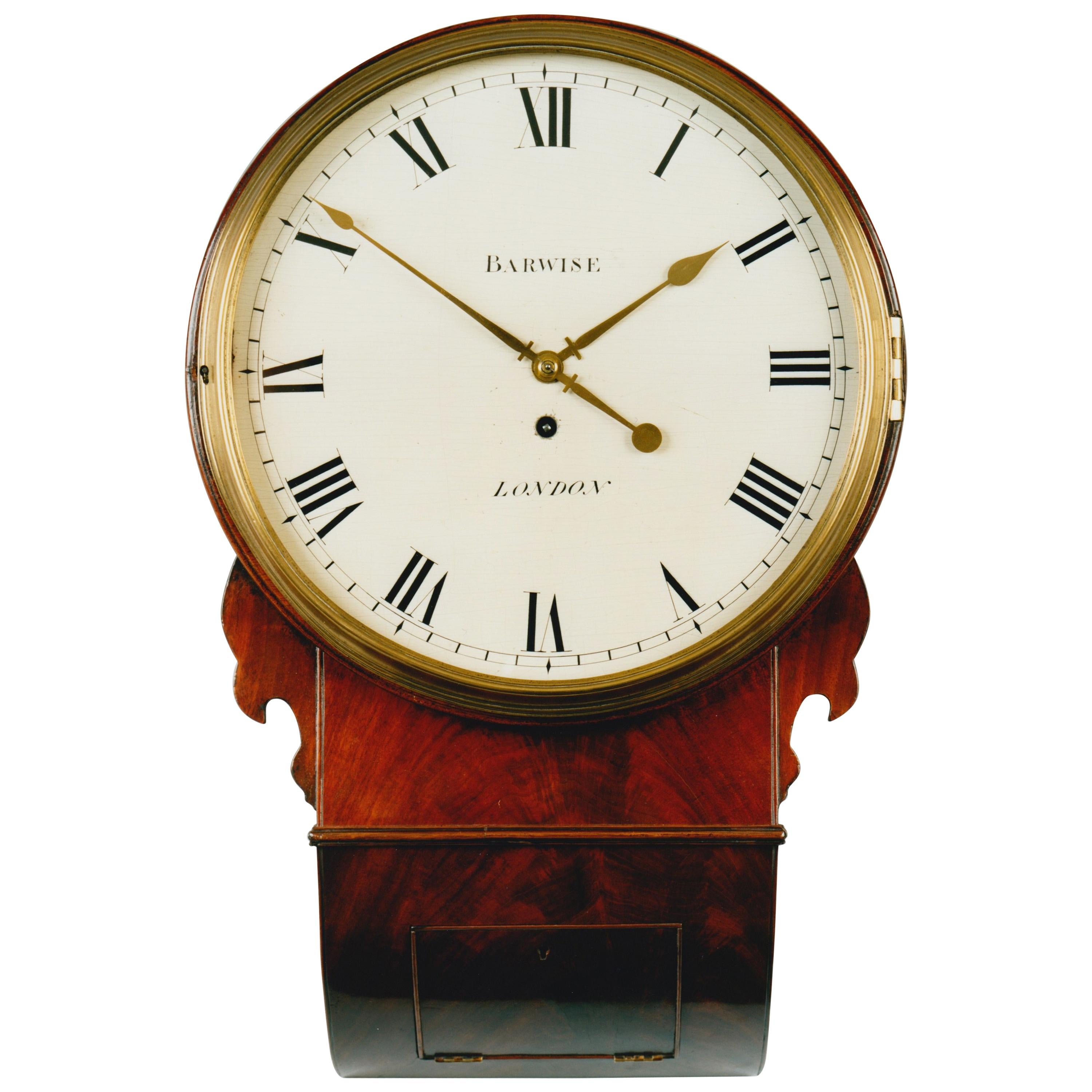 19th Century Antique Regency Mahogany Drop Dial Wall Clock by Barwise of London For Sale