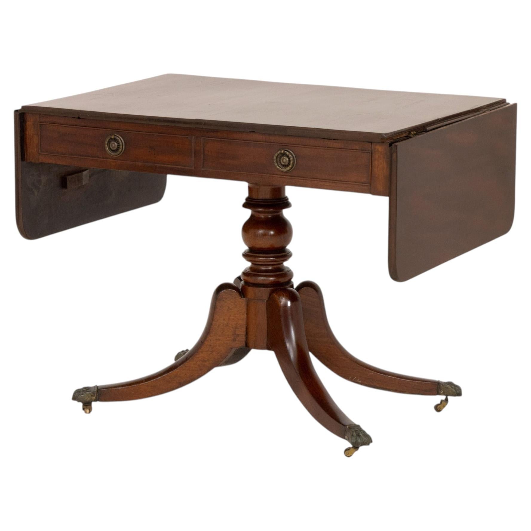 Regency Mahogany Drop Leaf Sofa Table, Pedestal Base For Sale