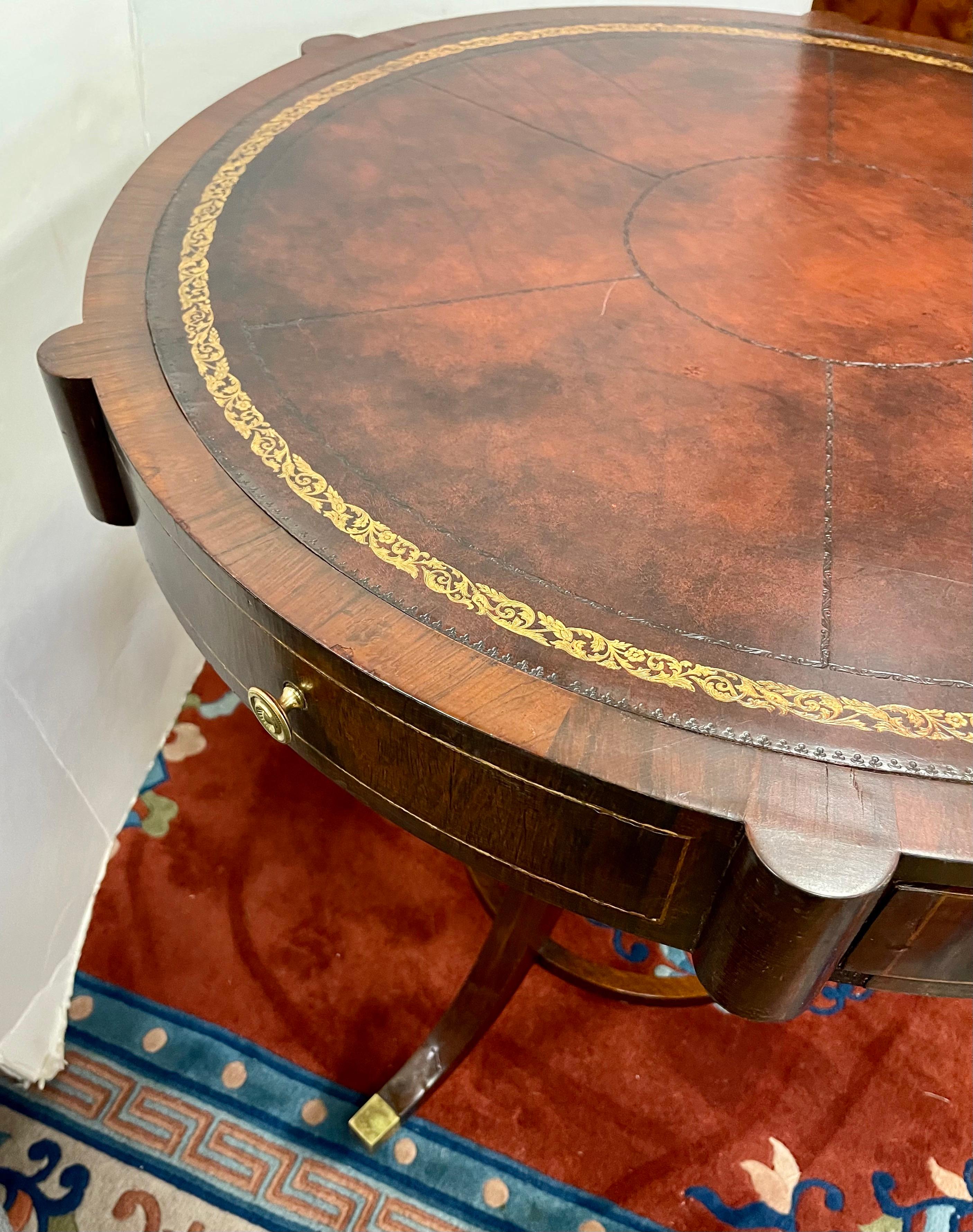 Regency Mahogany Drum Table with Leather Top on Caster Wheels 1