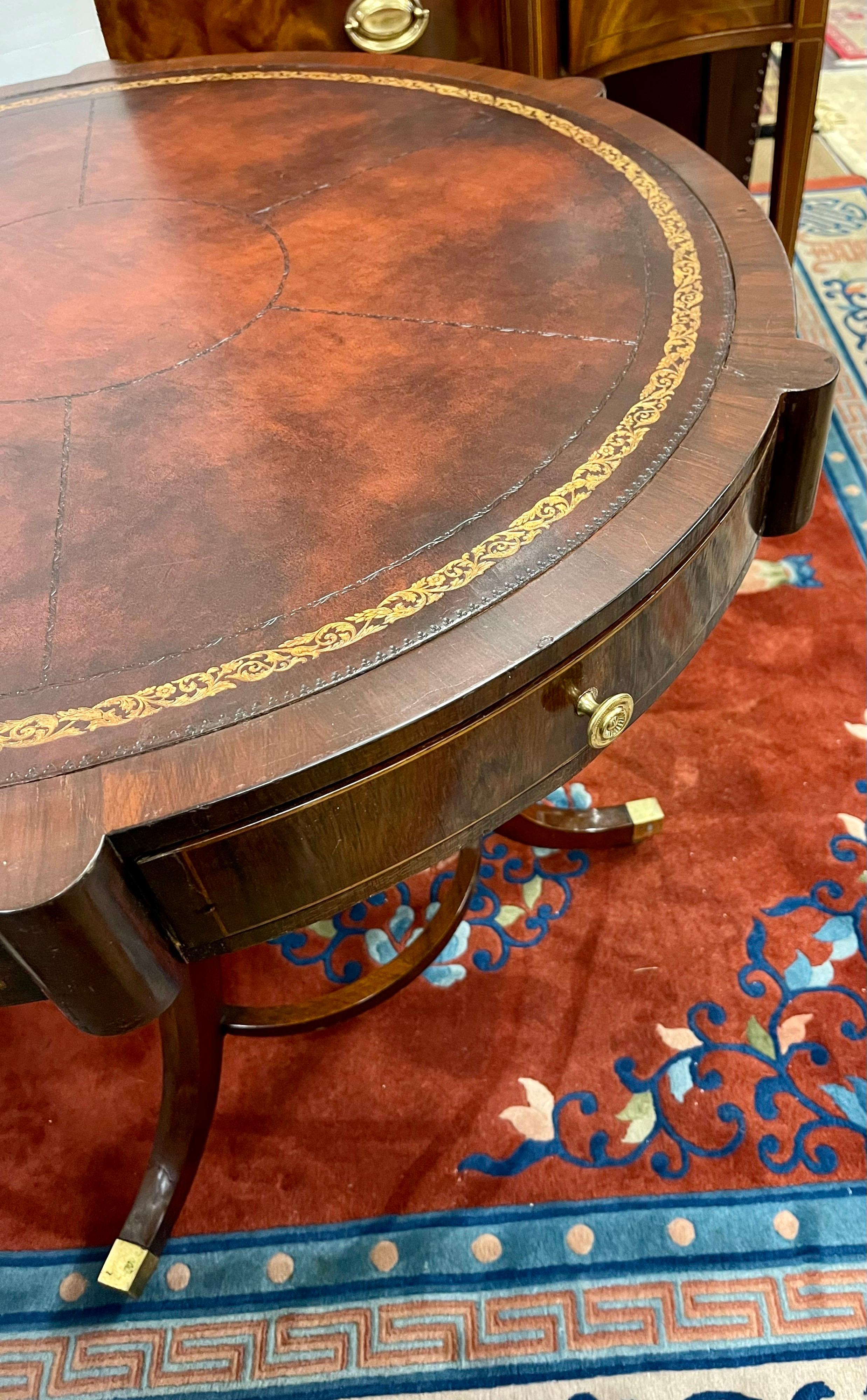 Regency Mahogany Drum Table with Leather Top on Caster Wheels 2