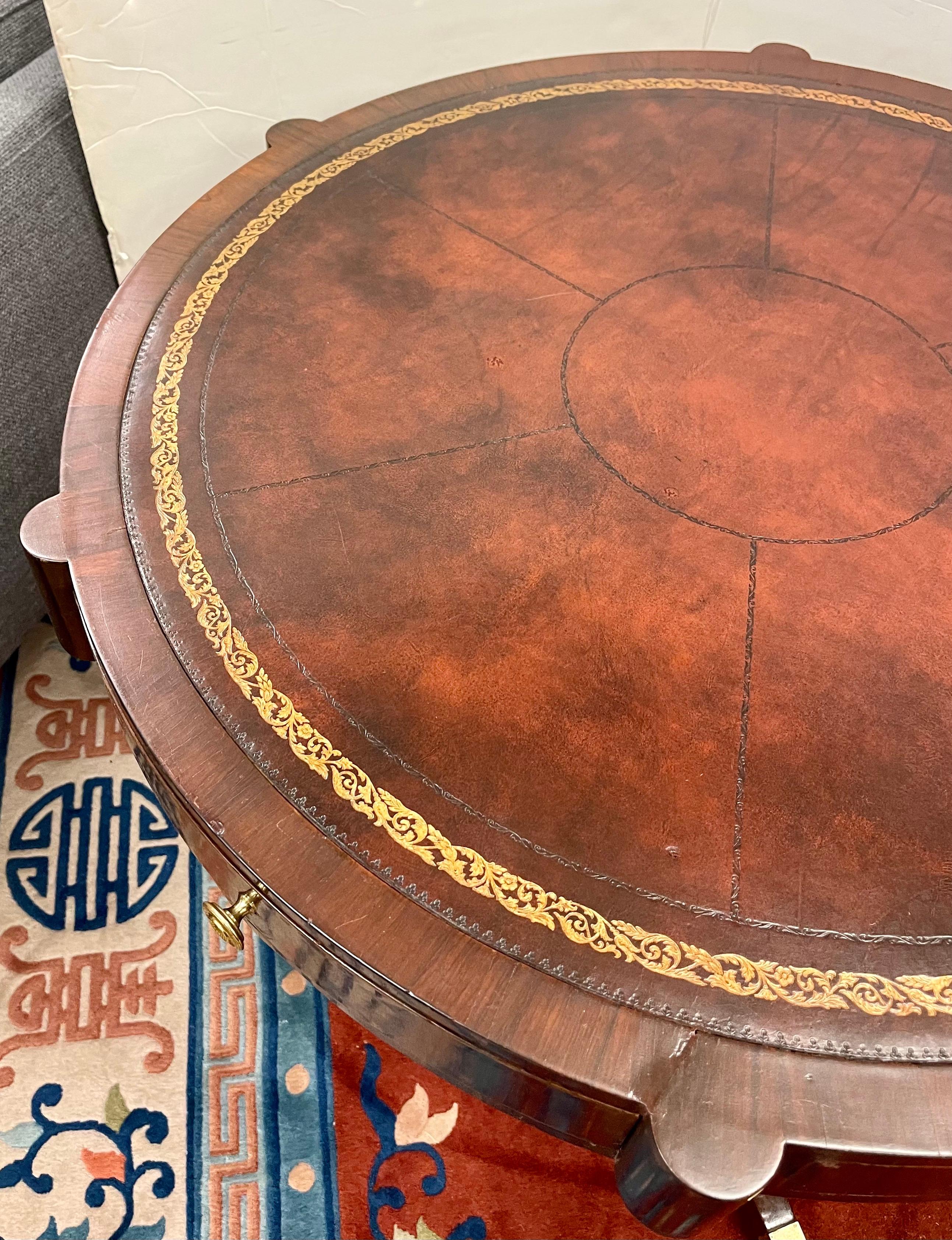 English Regency Mahogany Drum Table with Leather Top on Caster Wheels