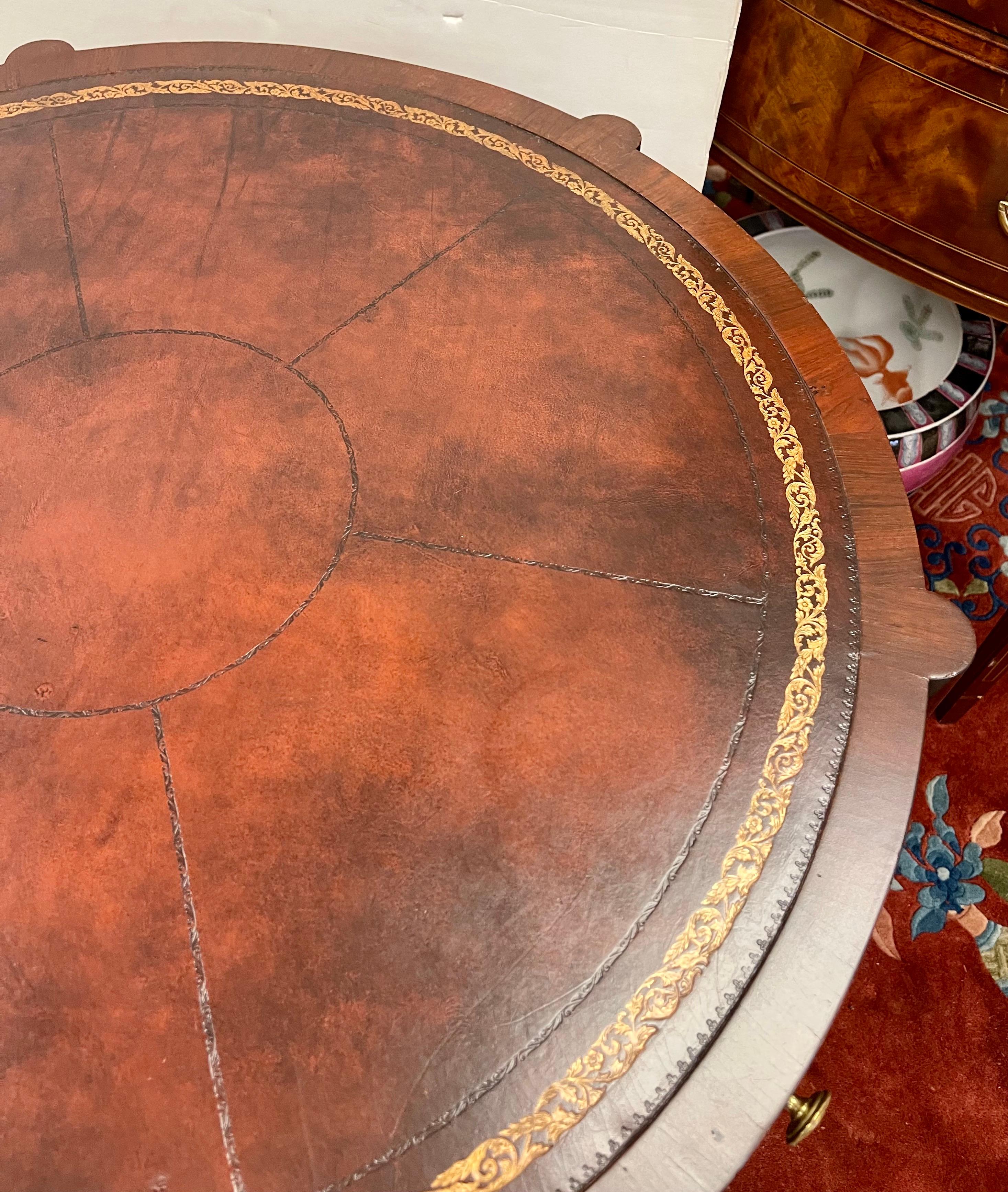 Regency Mahogany Drum Table with Leather Top on Caster Wheels In Good Condition In West Hartford, CT