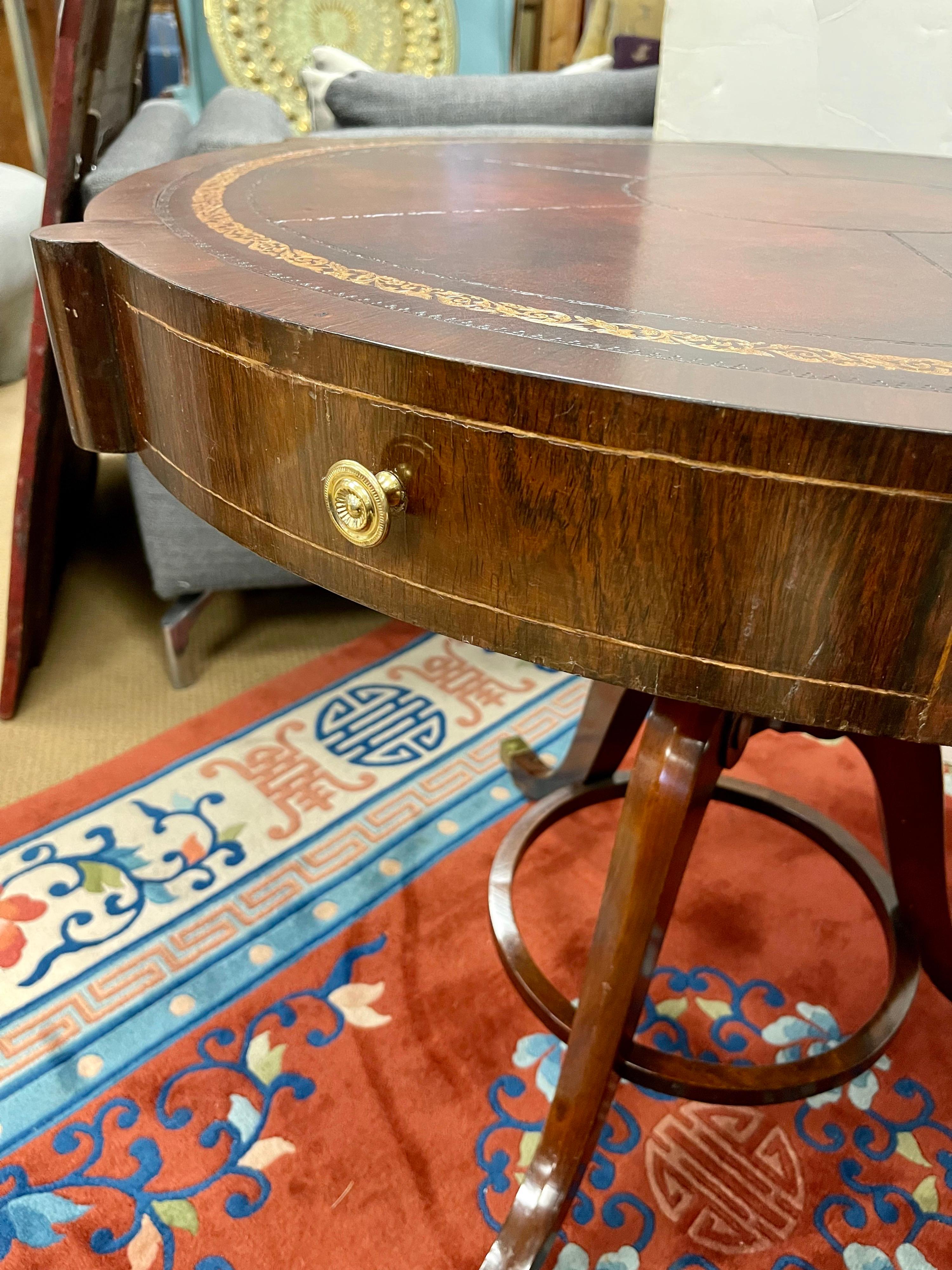 Metal Regency Mahogany Drum Table with Leather Top on Caster Wheels