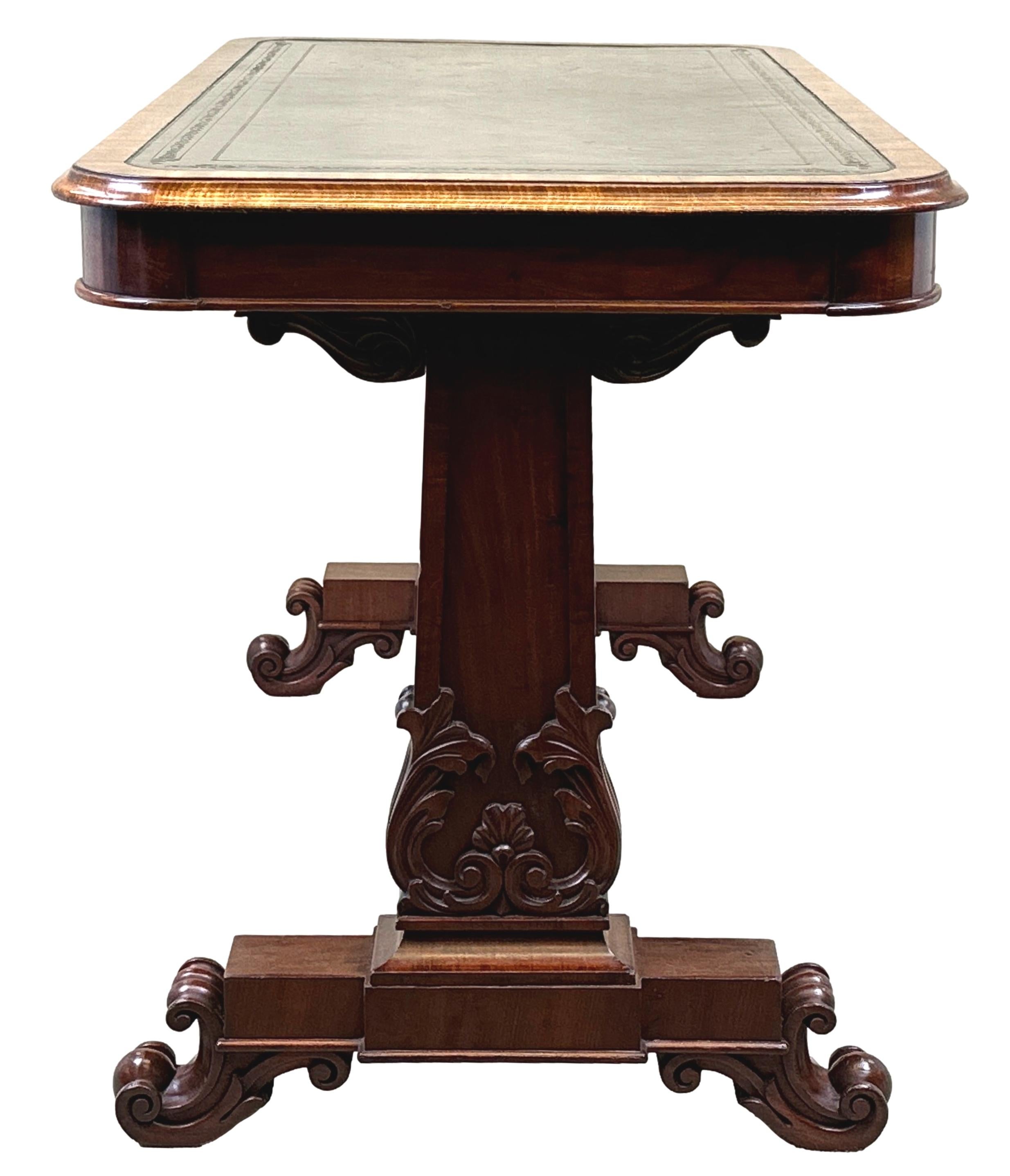 A Very Good Quality Late Regency Period Mahogany End Support Writing Table, Or Library Table, Having Attractive Old Leather Inset Top With Tooled Decoration, Over Two Shallow Frieze Drawers Stamped With Makers Initials Of JS, Raised On Tablet Type