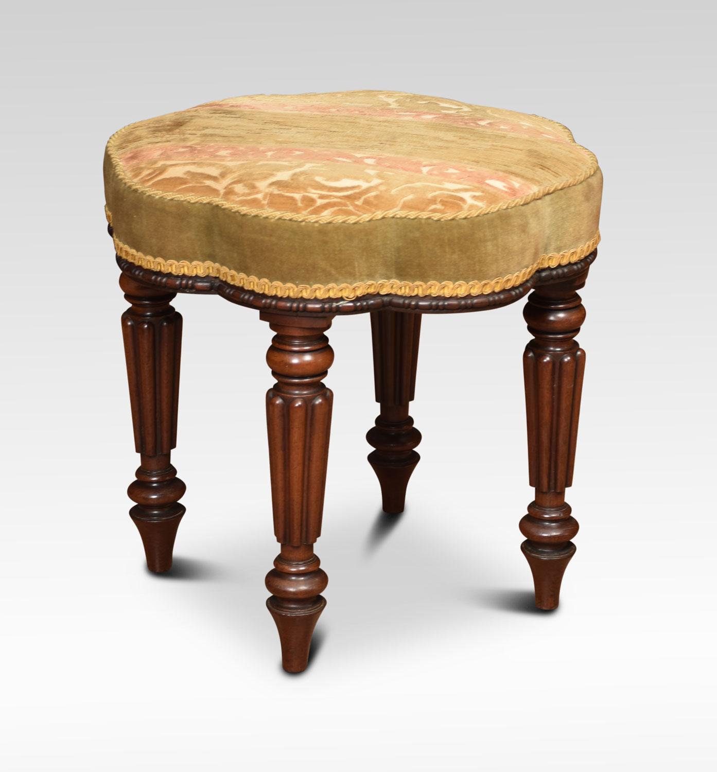 Mahogany framed stool, with original shaped needle point upholstered top raised on four turned tapered reeded legs. Almost certainly Gillows.
Dimensions:
Height 16 inches
Width 16 inches
Depth 16 inches.